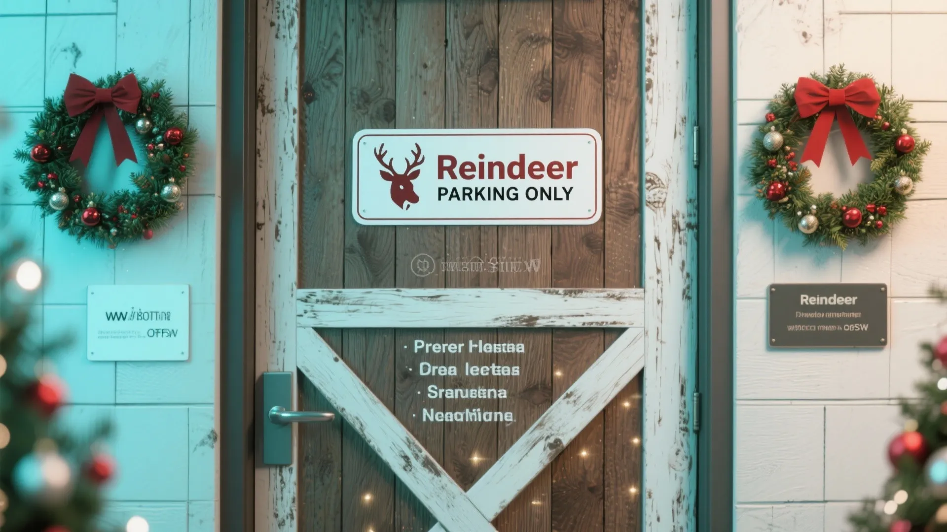 Rustic wooden door with reindeer parking sign flanked by two green wreaths and red ribbons