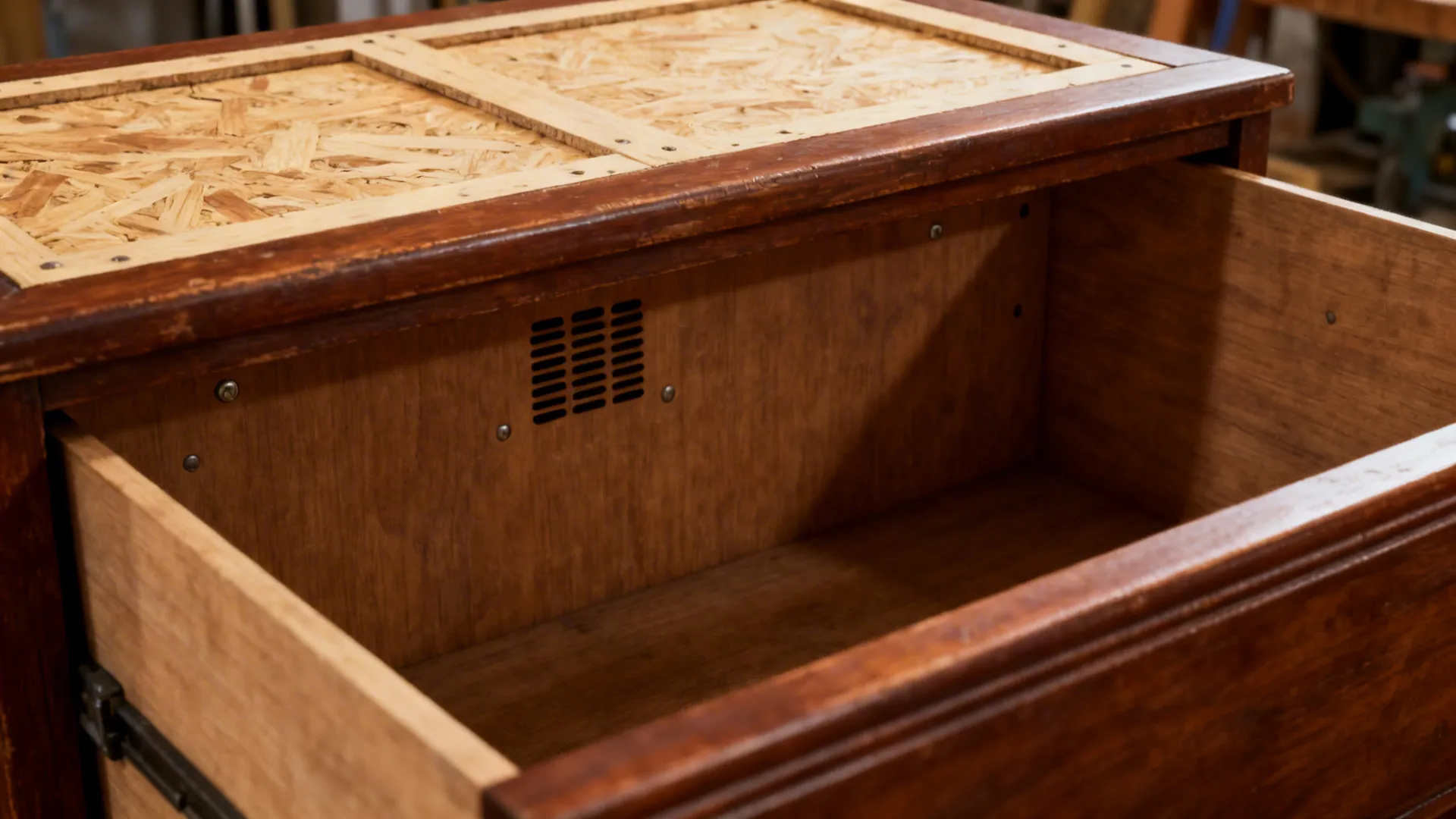 Close up of a dark wood cabinet with an open drawer and a textured wood top
