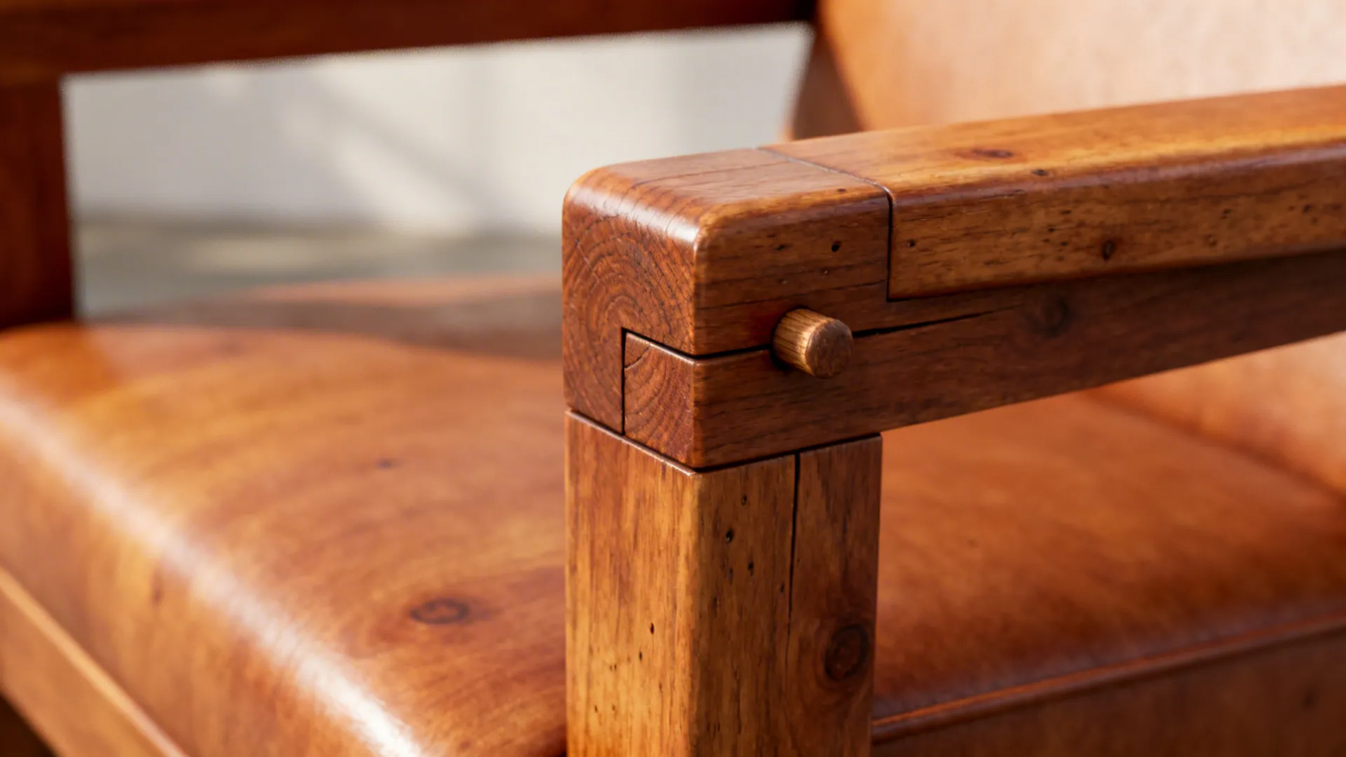 Close-up of a reinforced hardwood armchair showing dowels and corner blocks in warm wood grain.