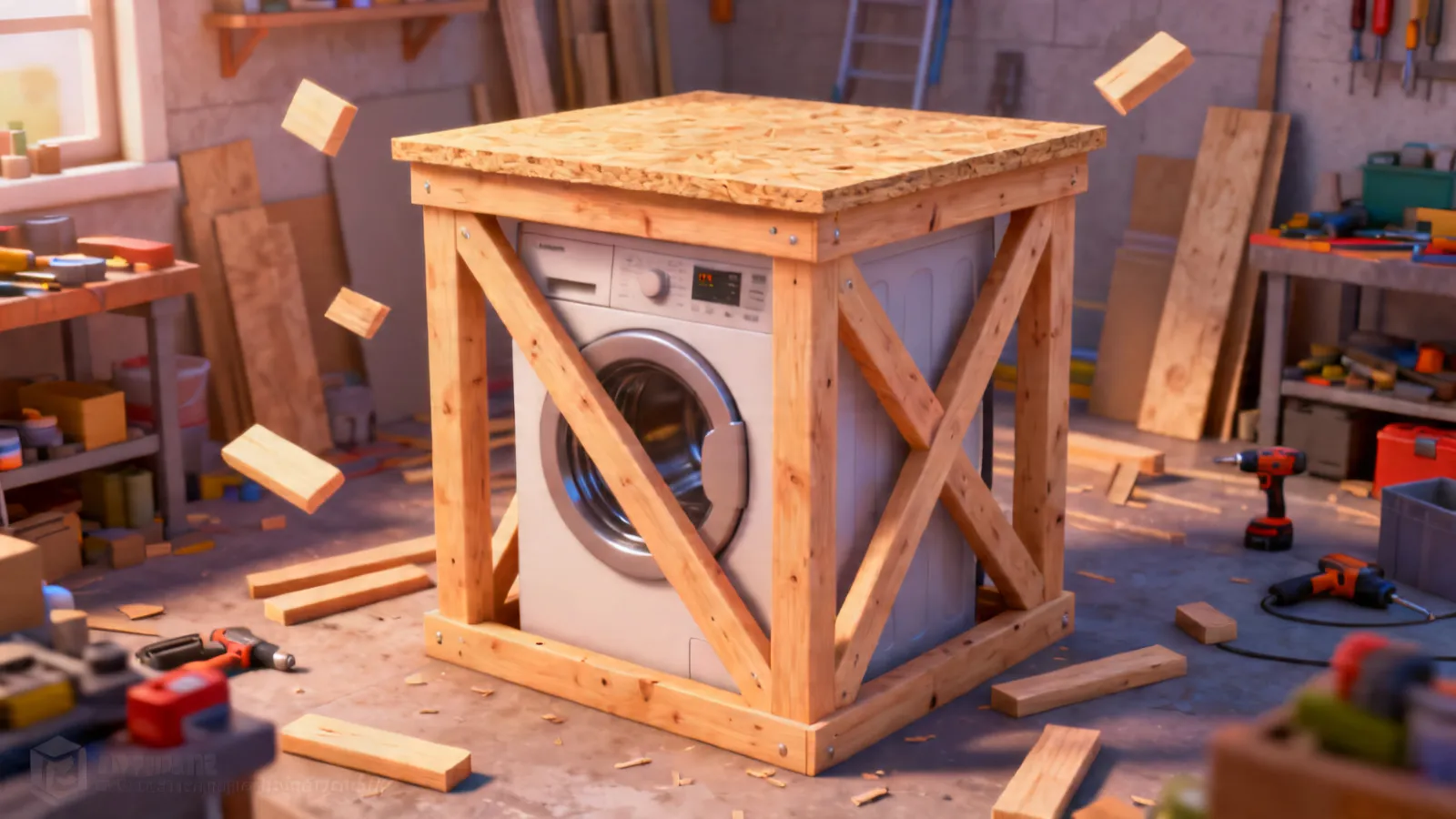 Wooden laundry pedestal frame with cross bracing and reinforced plywood top