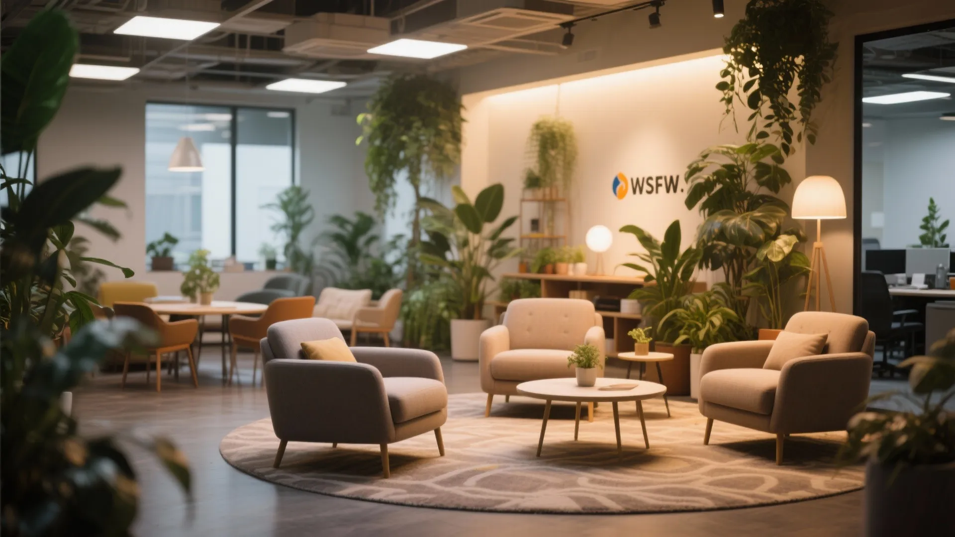 Comfortable office lounge area with grey armchairs coffee table green plants and warm floor lamps