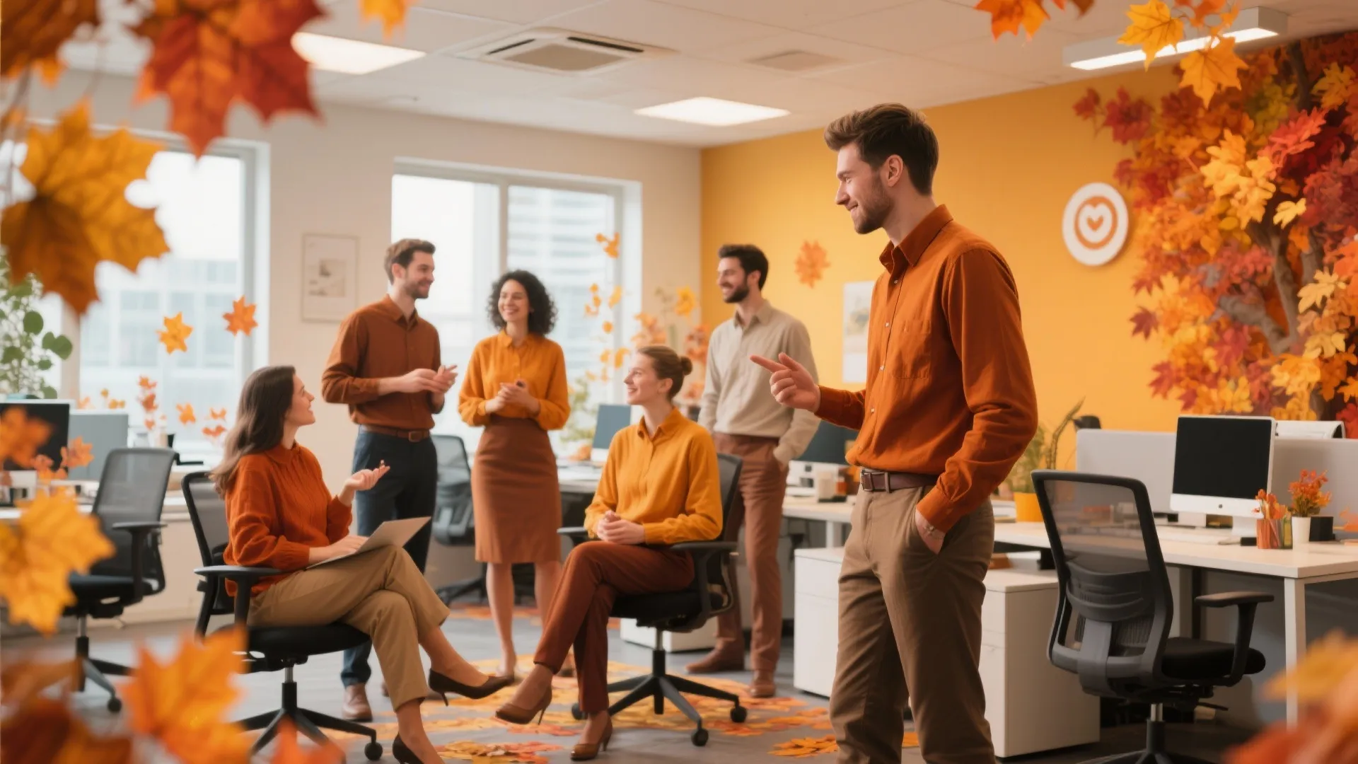 Office workers in orange shirts talking in a workspace decorated with autumn leaves and yellow wall