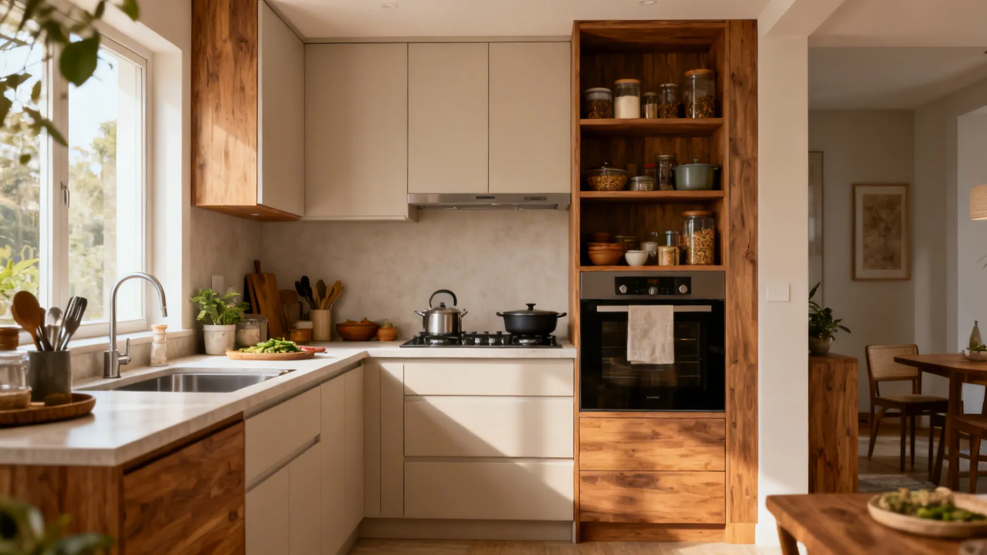 Compact modular kitchen with tall storage and moisture-resistant cabinetry in neutral tones.