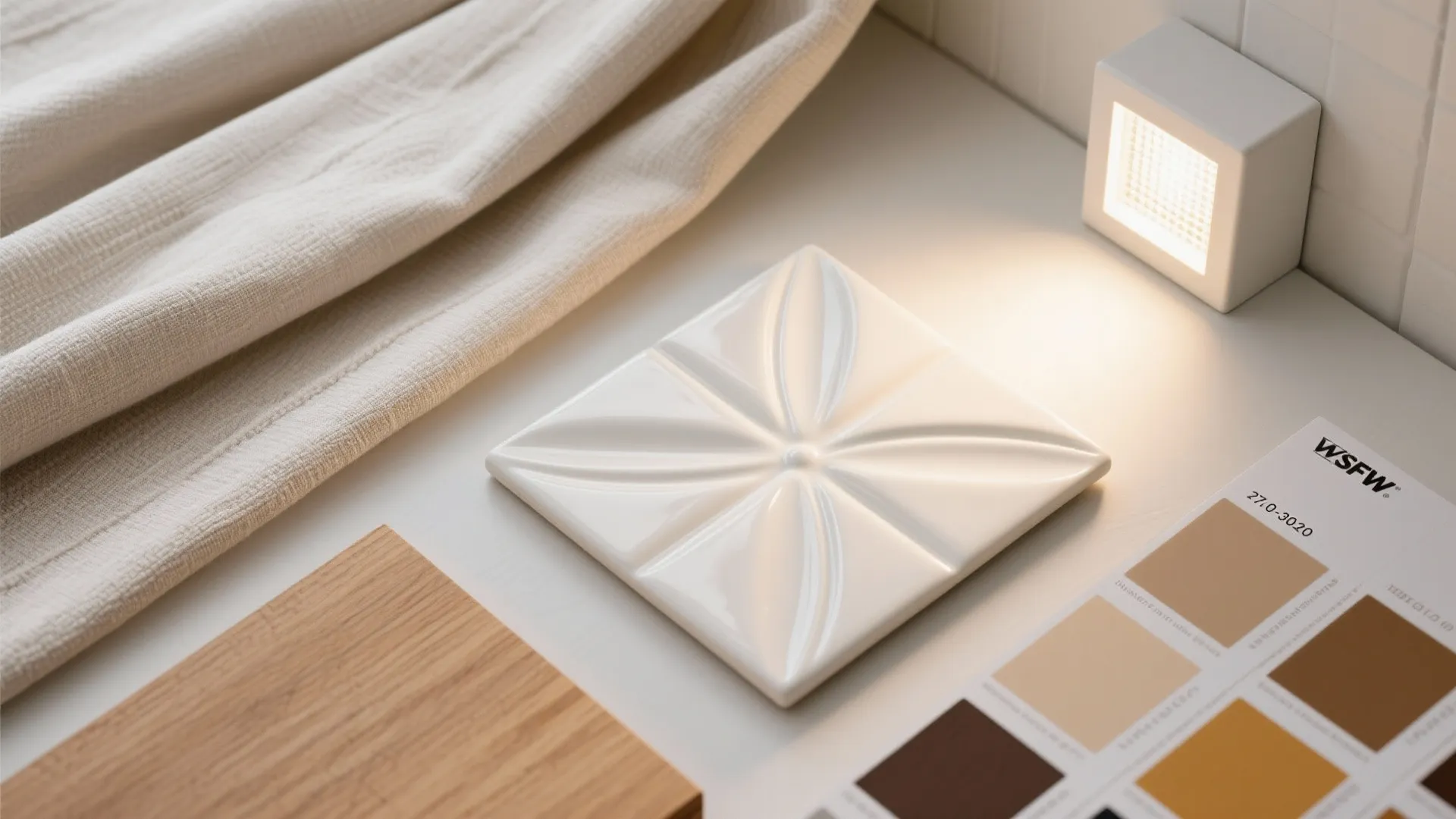Thin 3D ceramic relief tiles for light-and-shadow drama