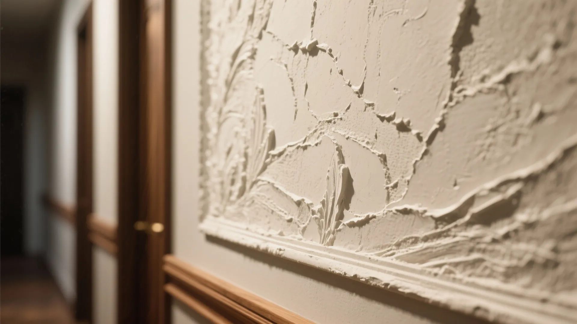 Close-up of a thin plaster relief panel showing layered paint and small cast shadows.