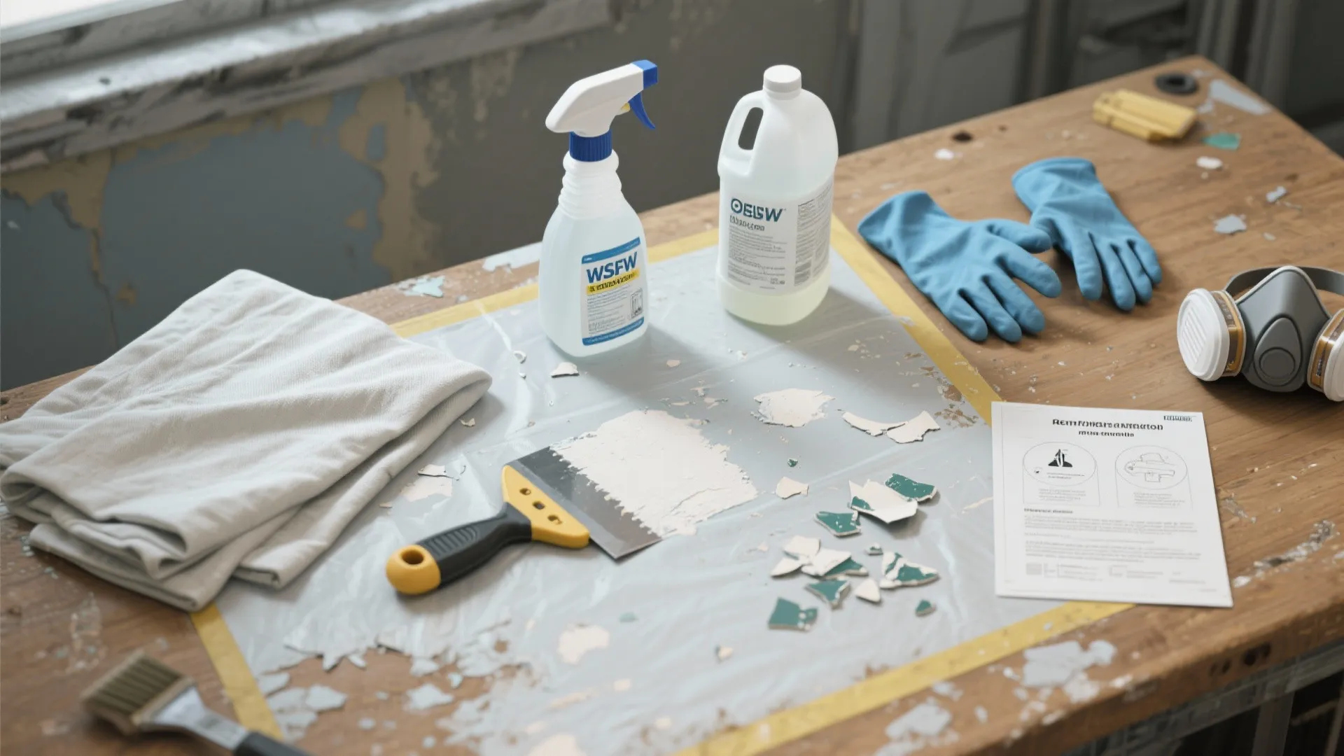Top-down view of remediation tools laid out for mold removal: scrapers, cleaners, gloves, mask, and drop cloth.