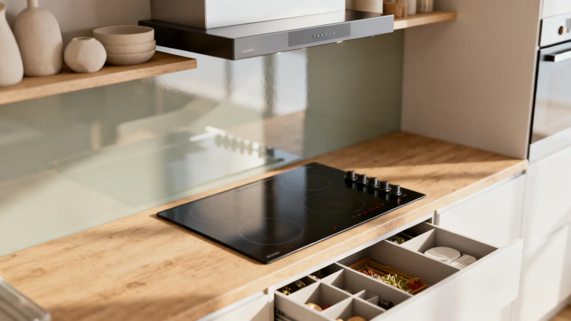 Macro detail of angled cooktop acknowledgement, strong extraction, and decluttered northeast shelf in a rental-friendly kitchen.