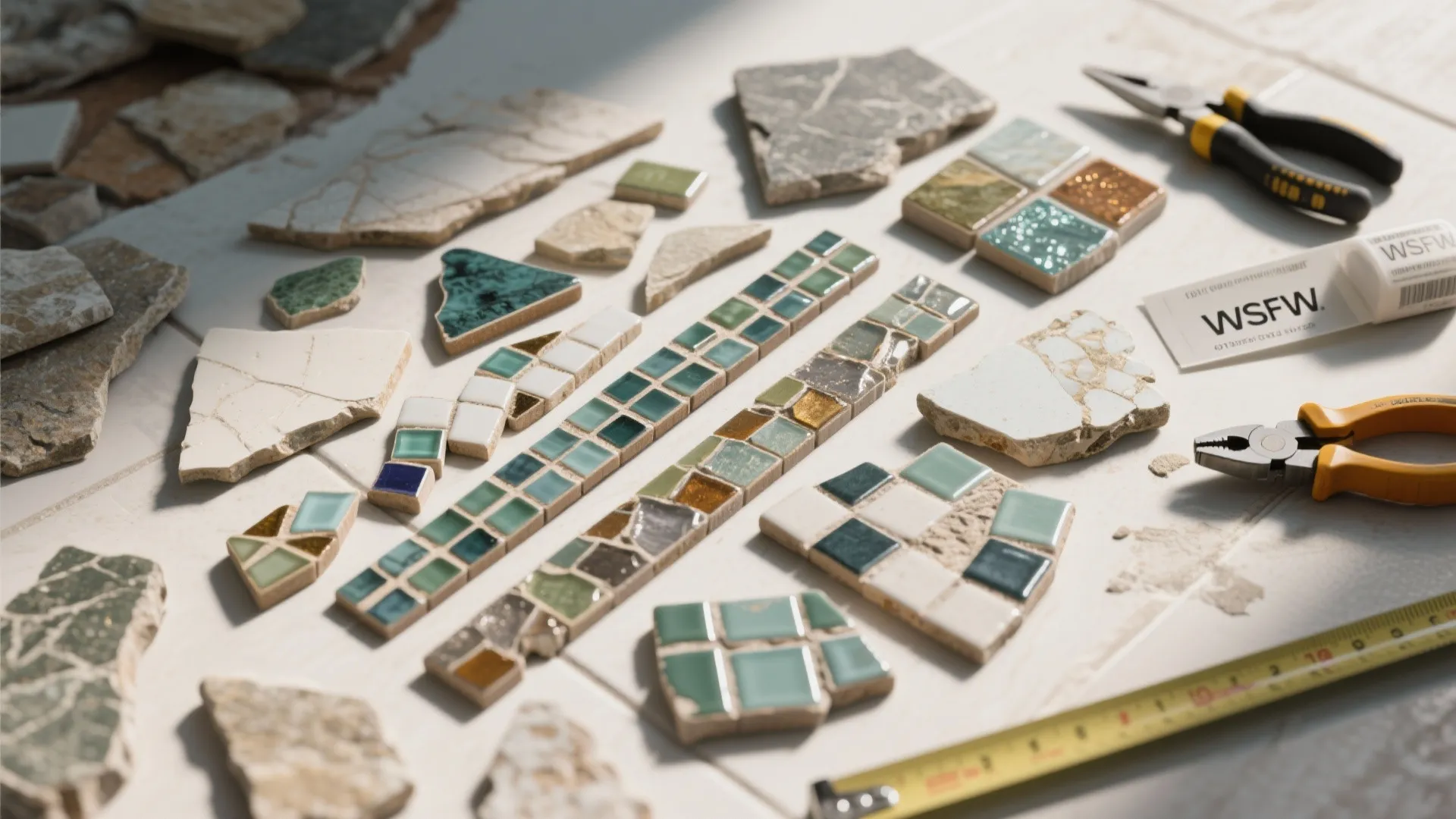 Various small green and blue stone wall tiles arranged on floor with tools and measuring tape