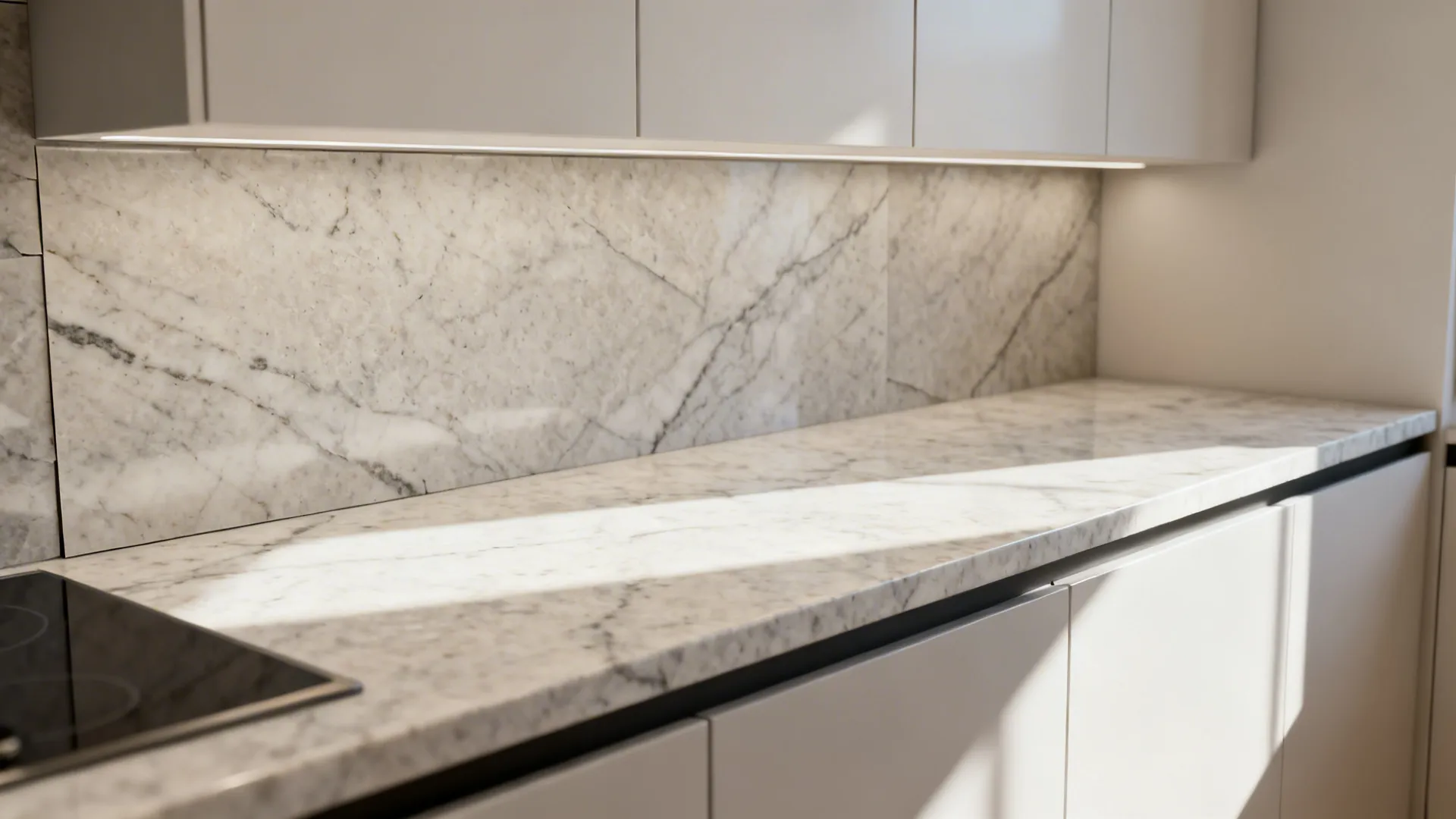 Small kitchen with remnant engineered quartz countertop and subtle veining