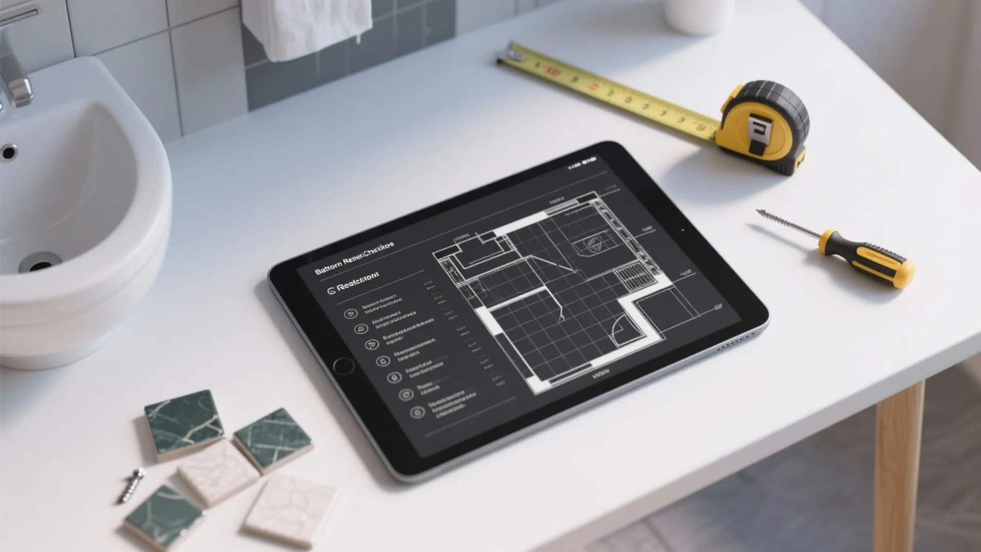 Tablet displaying room layout design next to measuring tape screwdriver and tiles on white counter