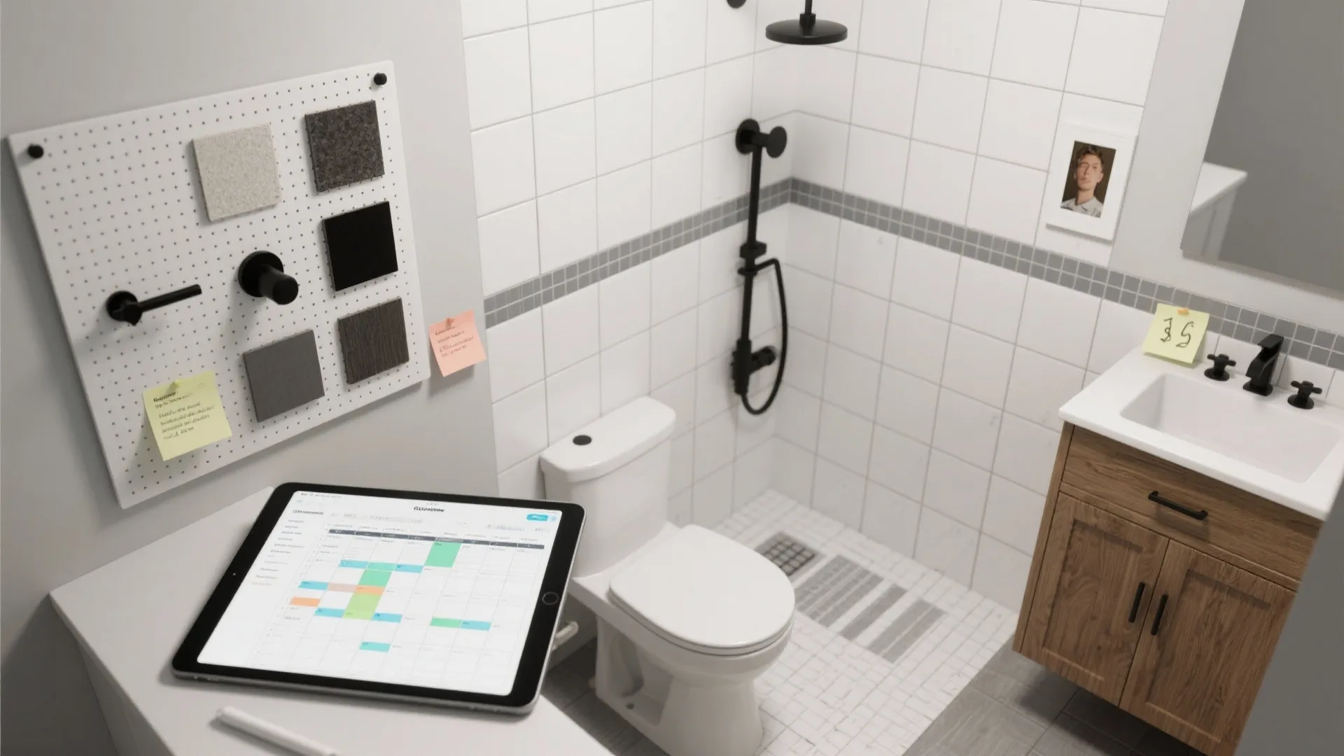 Top-down remodel plan with tile samples, grout swatches, fixture options and a 3D planner