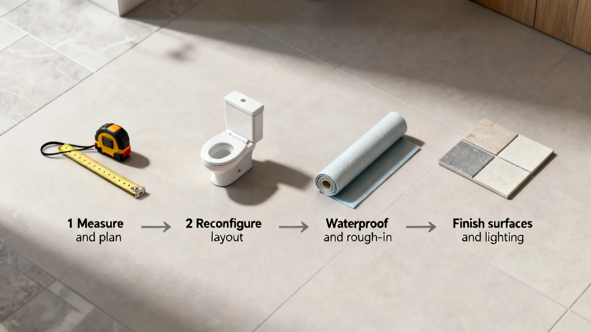 Top-down visual process for planning a small bathroom remodel with staged objects for each step.