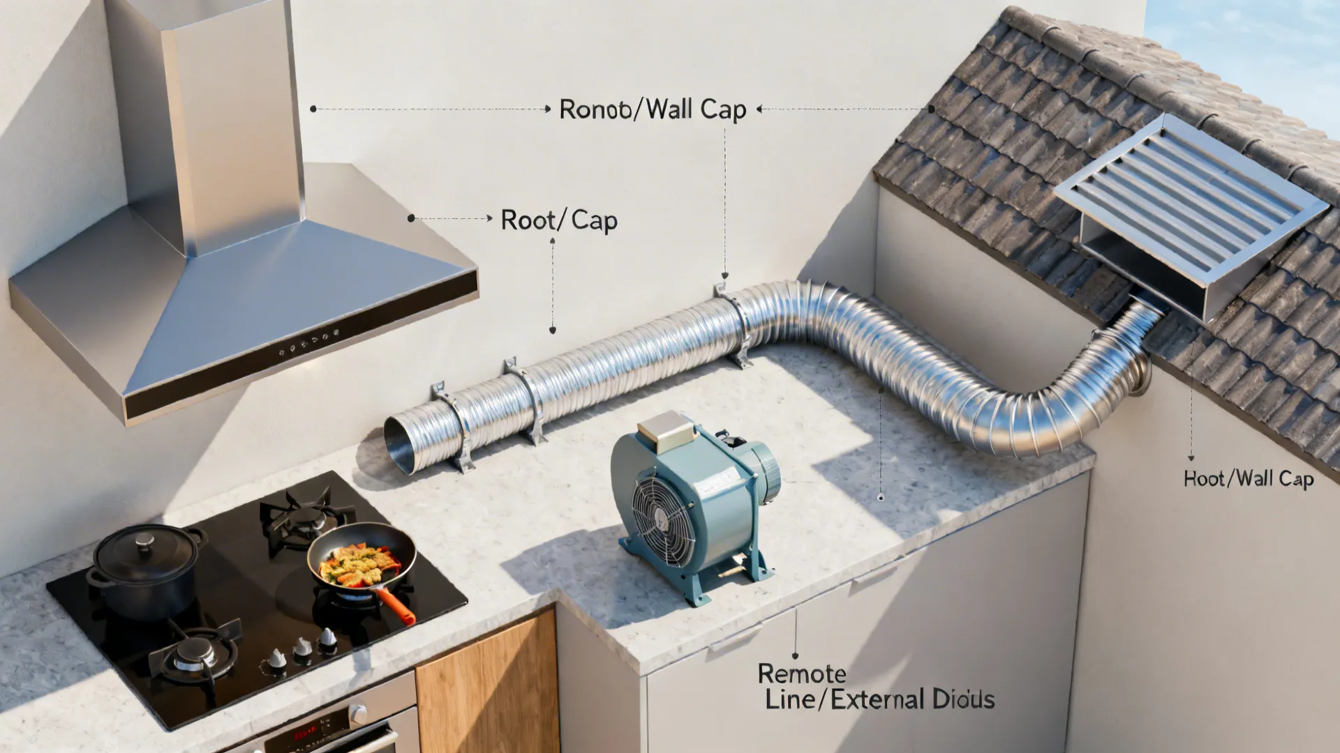Top-down view showing a hood, rigid ducting, vibration isolator, and a remote blower.
