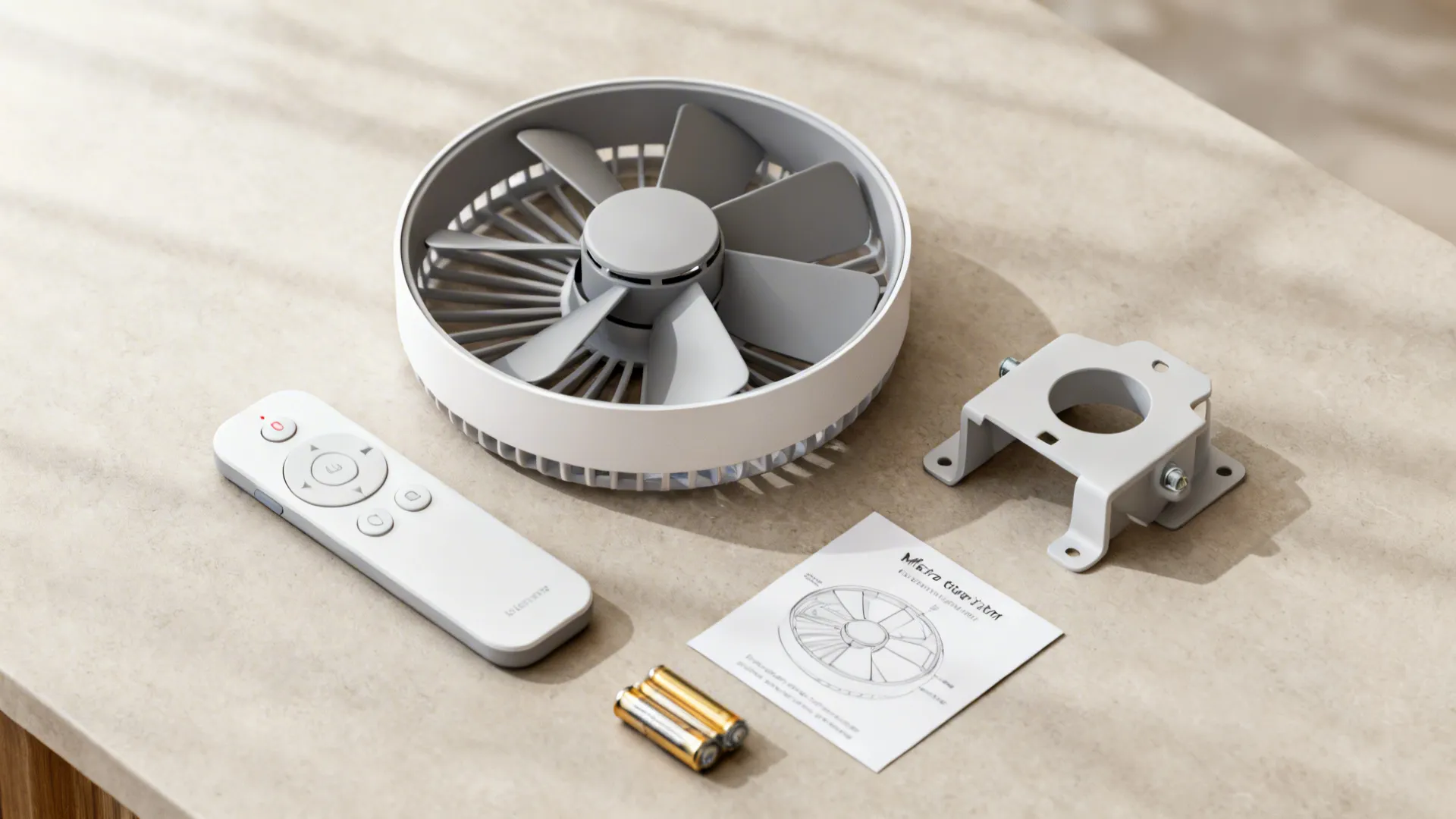 Flatlay of a remote-controlled micro fan kit with remote, canopy, mounting bracket and batteries on a neutral background.