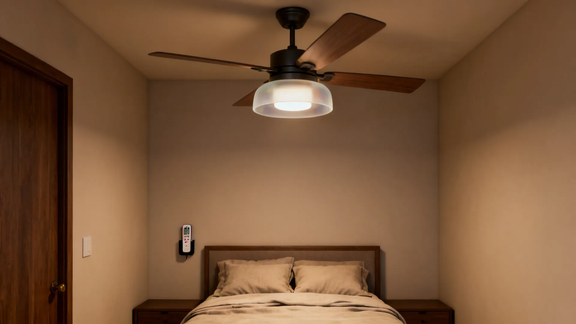 Small guest room with a compact ceiling fan and frosted glass light, remote in wall holder