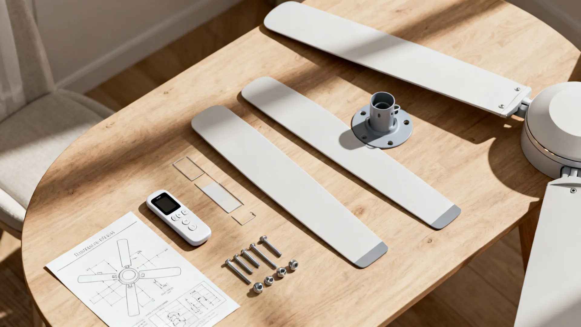 Top-down flatlay of a remote-control fan kit with remote and hardware