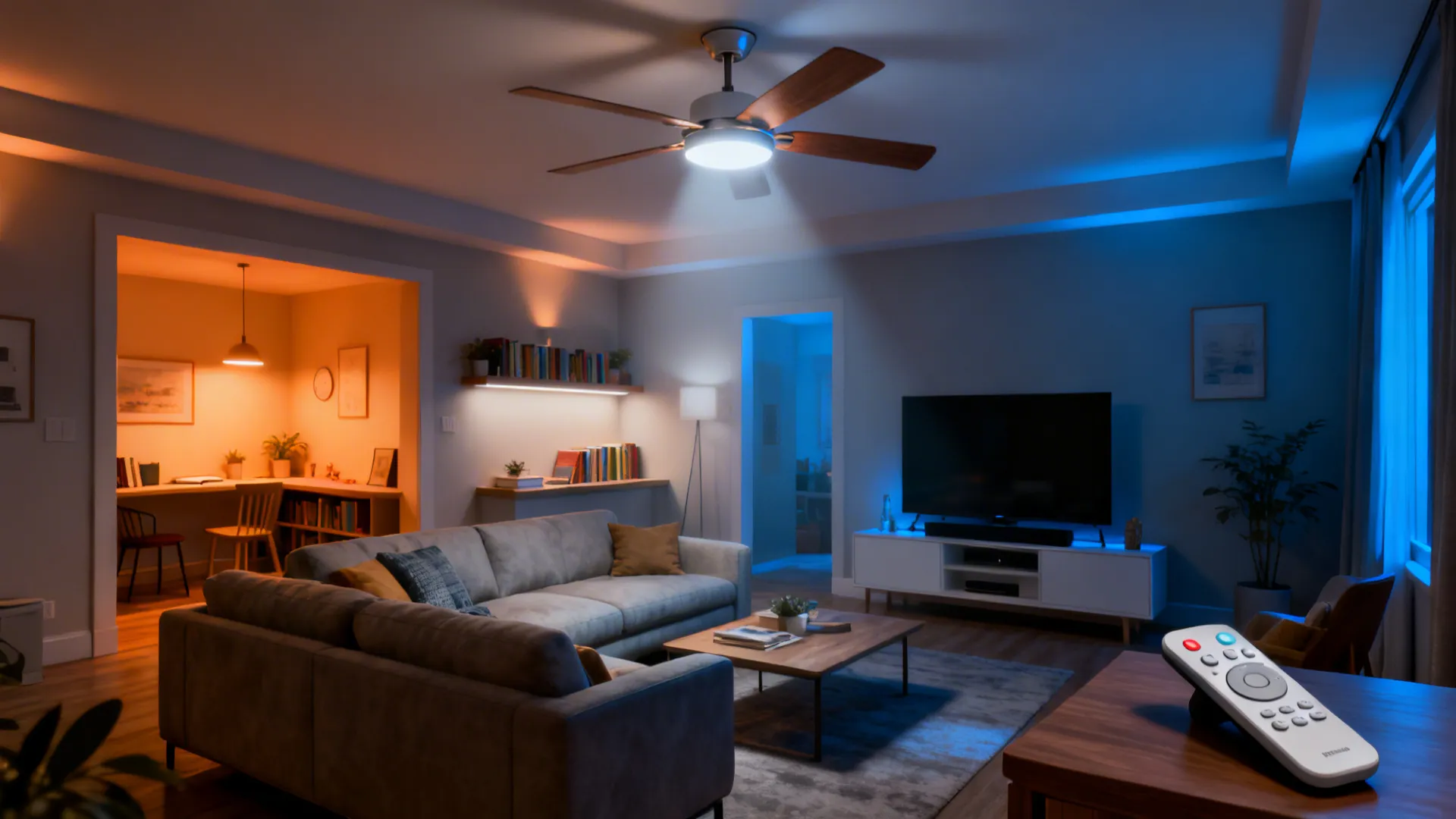 Living room ceiling fan light showing different warm and cool color temperature settings with remote