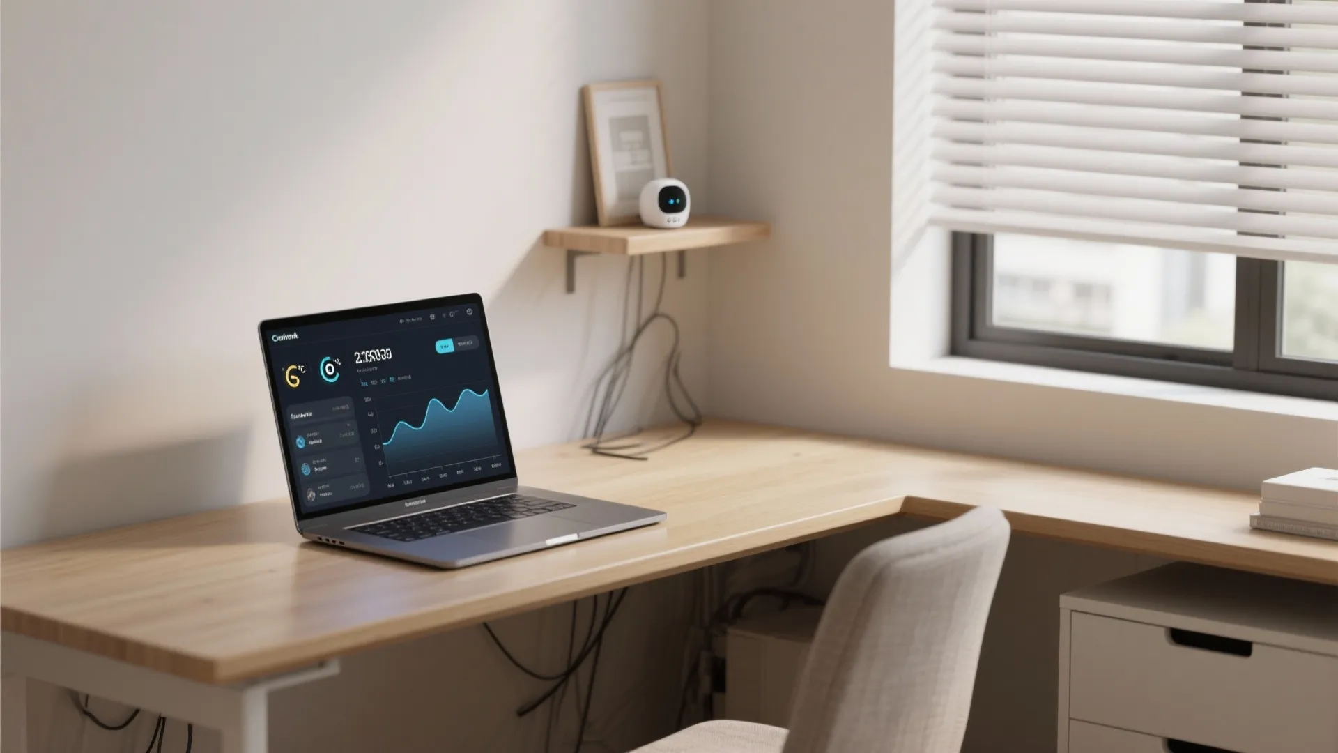 Minimalist home office featuring laptop with charts on wooden desk beside window with white blinds