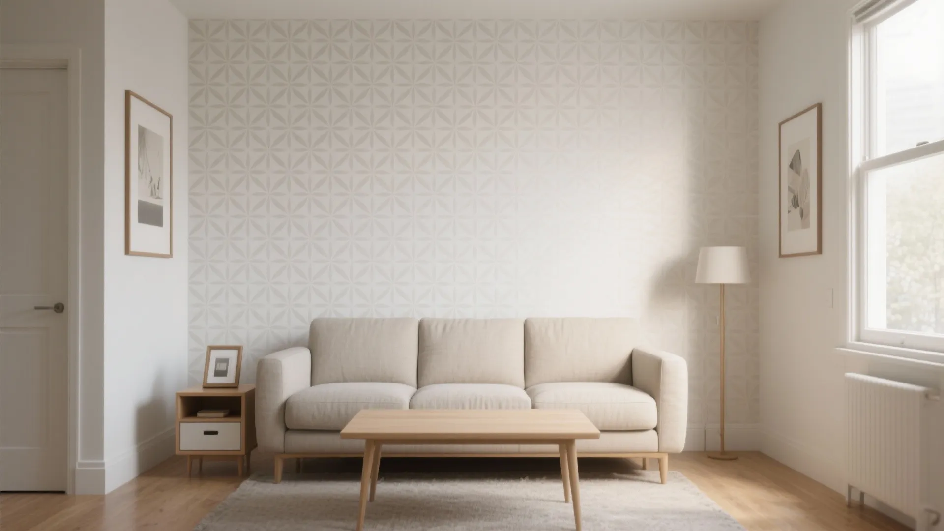 Living room with patterned wallpaper beige sofa wooden coffee table floor lamp and bright window