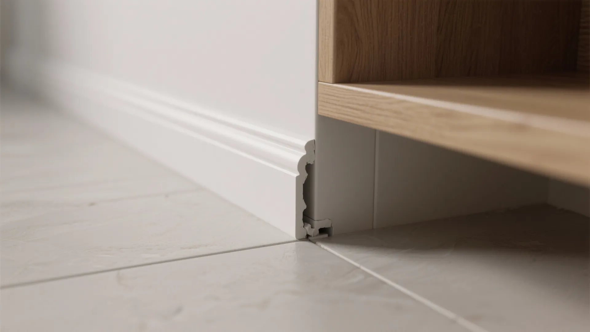 Close-up of removable baseboard behind a floating vanity showing sealed seam and inspection access.