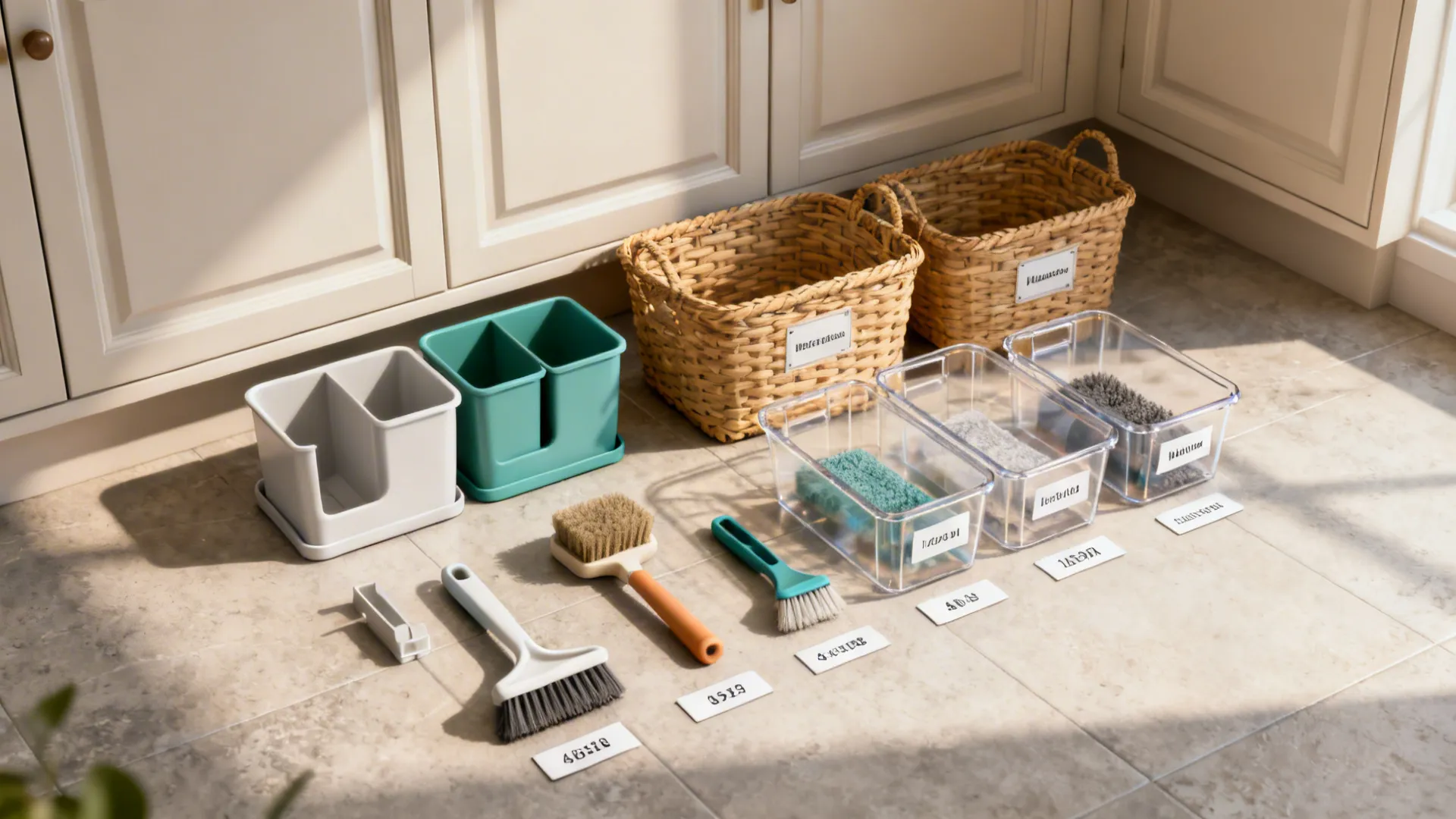 Flatlay of removable caddies and clear labeled baskets with cleaning supplies.