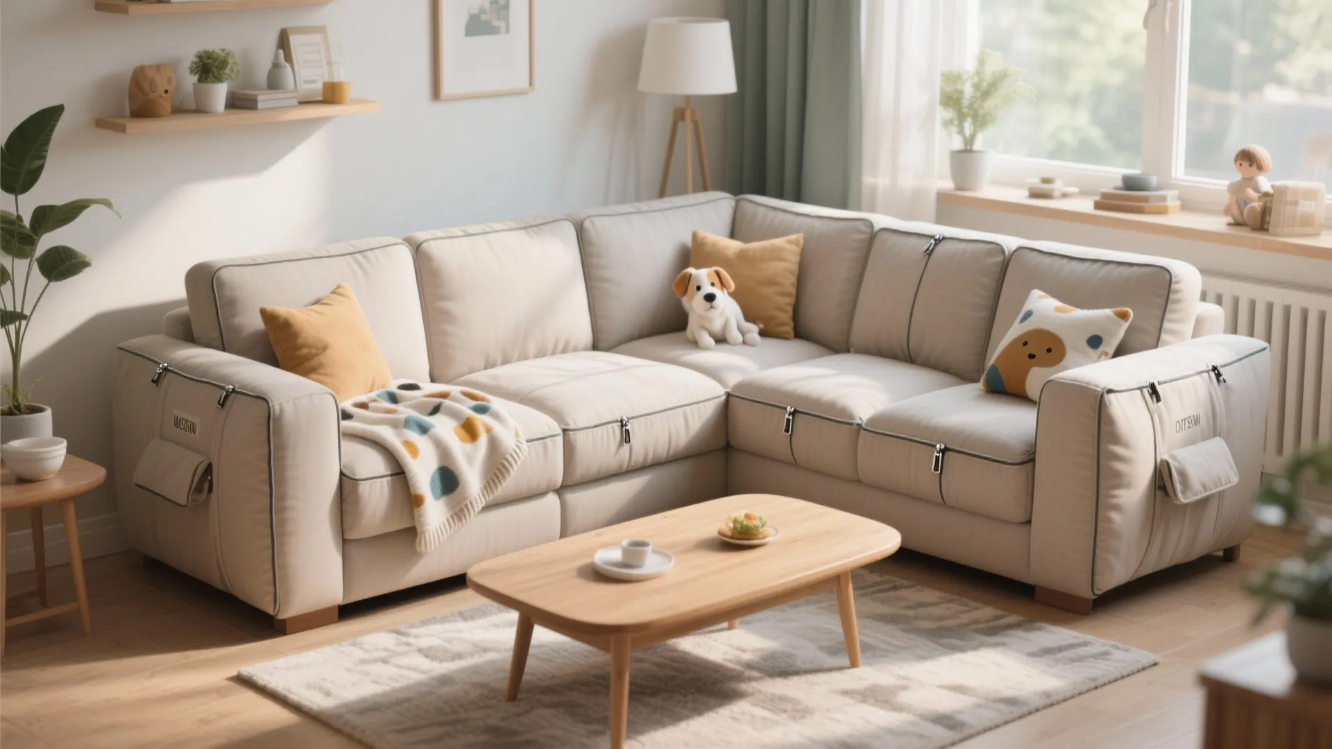 Beige sectional sofa with zippers for removable covers wooden coffee table and light green curtains nearby