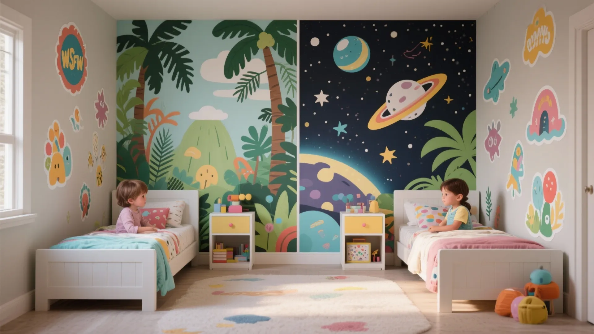 Childrens bedroom with two white beds jungle and space wall murals colorful stickers and rug