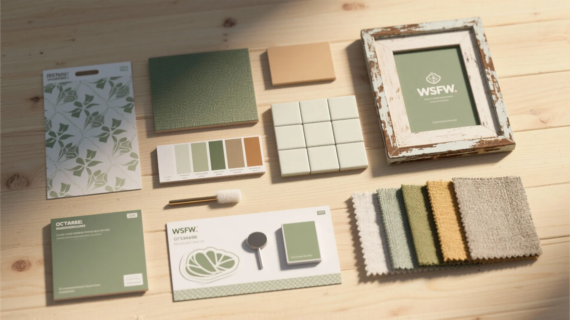 Interior design mood board with green color palette tiles fabric samples and wooden floor background textures