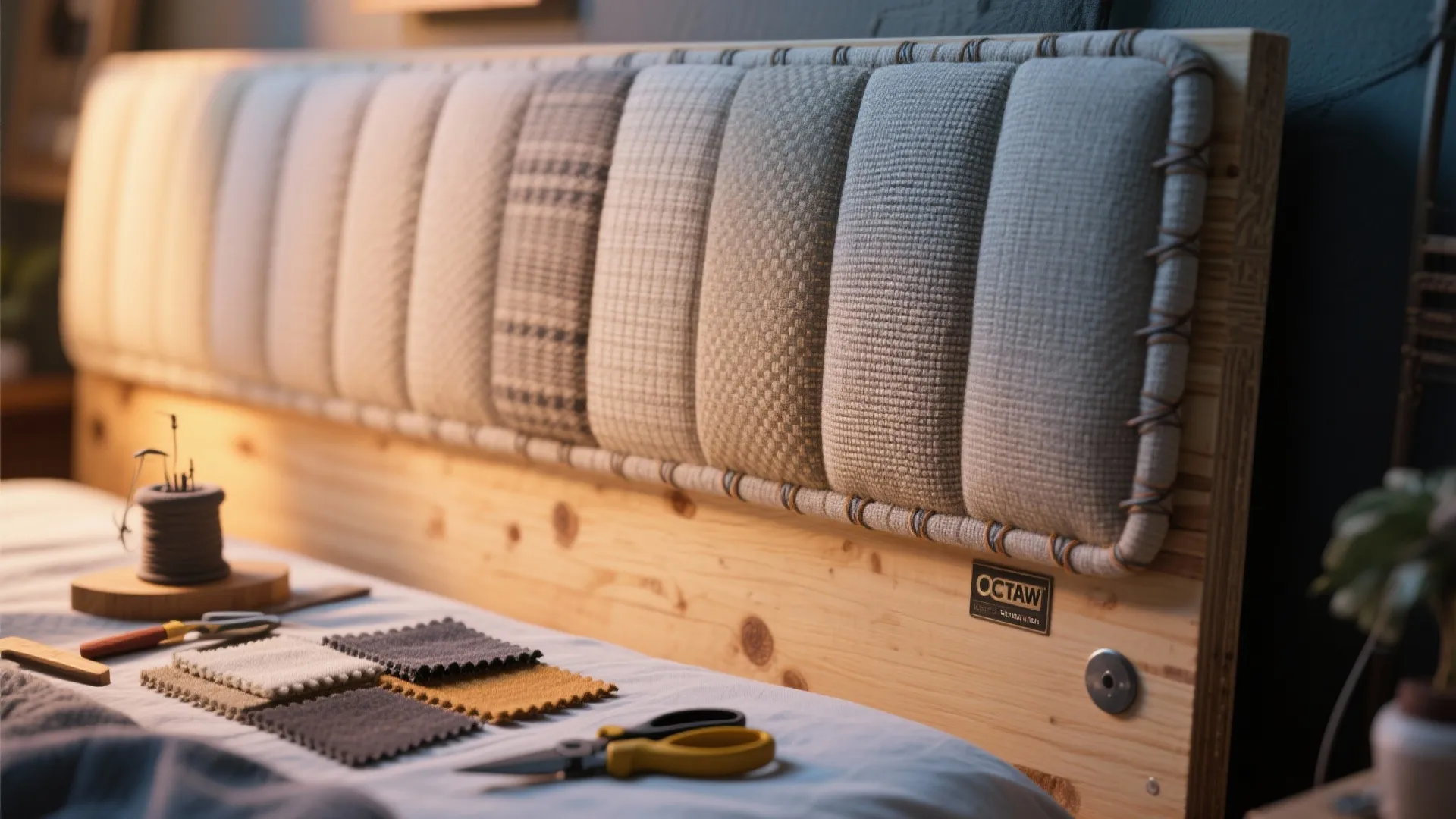 Padded fabric headboard with different colored panels next to scissors and colorful fabric material samples