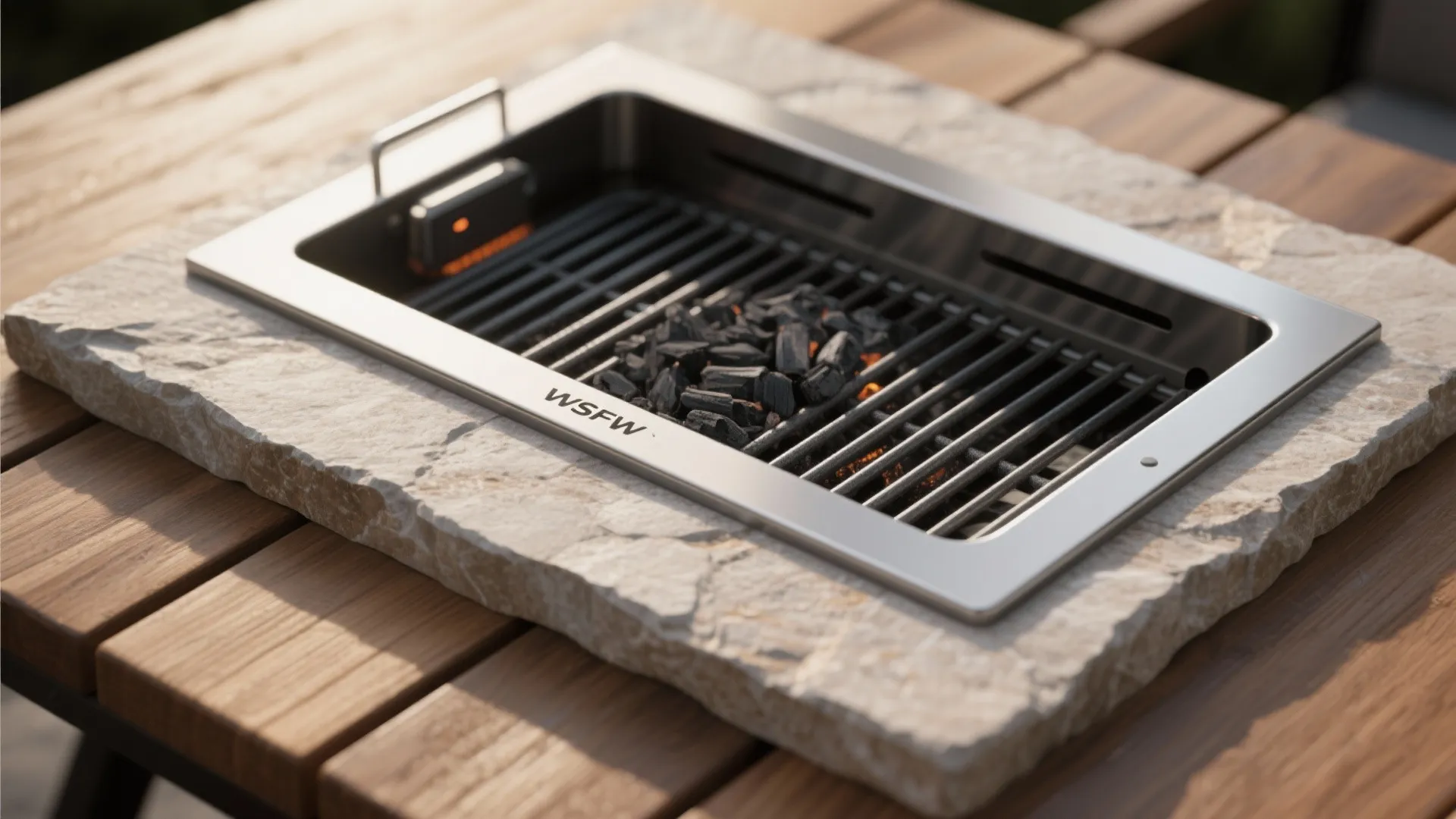 Close up of a built-in charcoal grill insert set into a stone and wood table