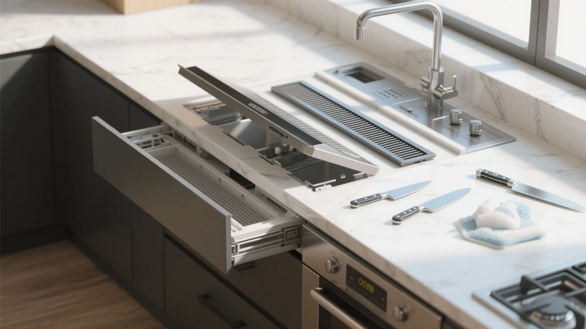 Modern kitchen countertop with integrated sink and open cabinet drawer showing interior smart storage parts