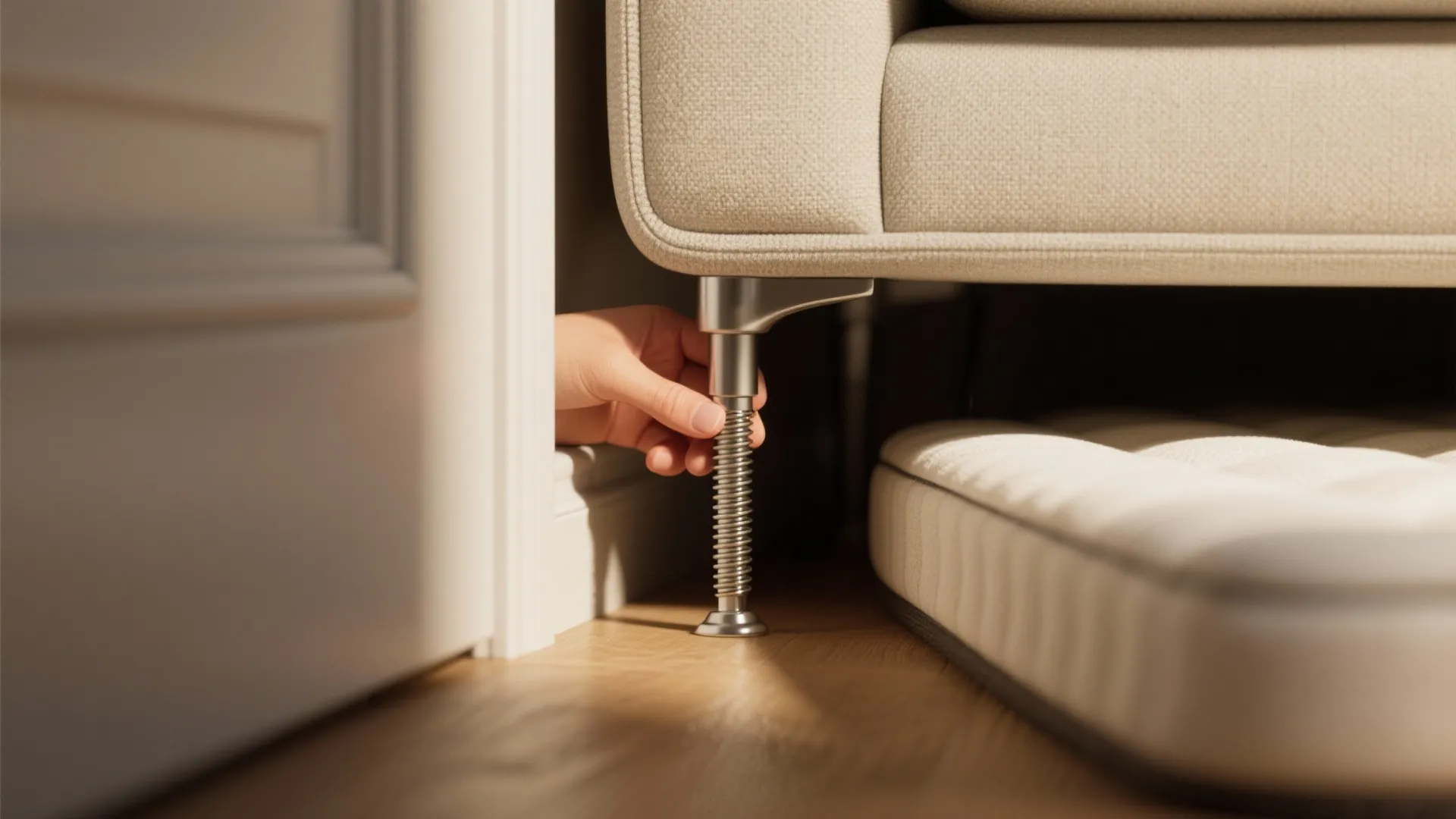 Close up of a hand adjusting a metal screw leg on a beige fabric sofa
