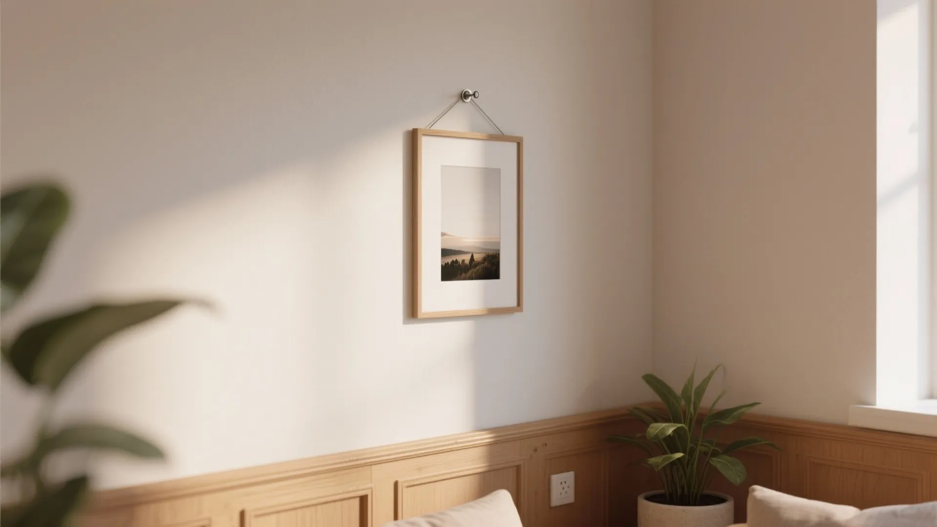 Framed picture hanging on white wall above wooden wall panel with green plant and sunlight