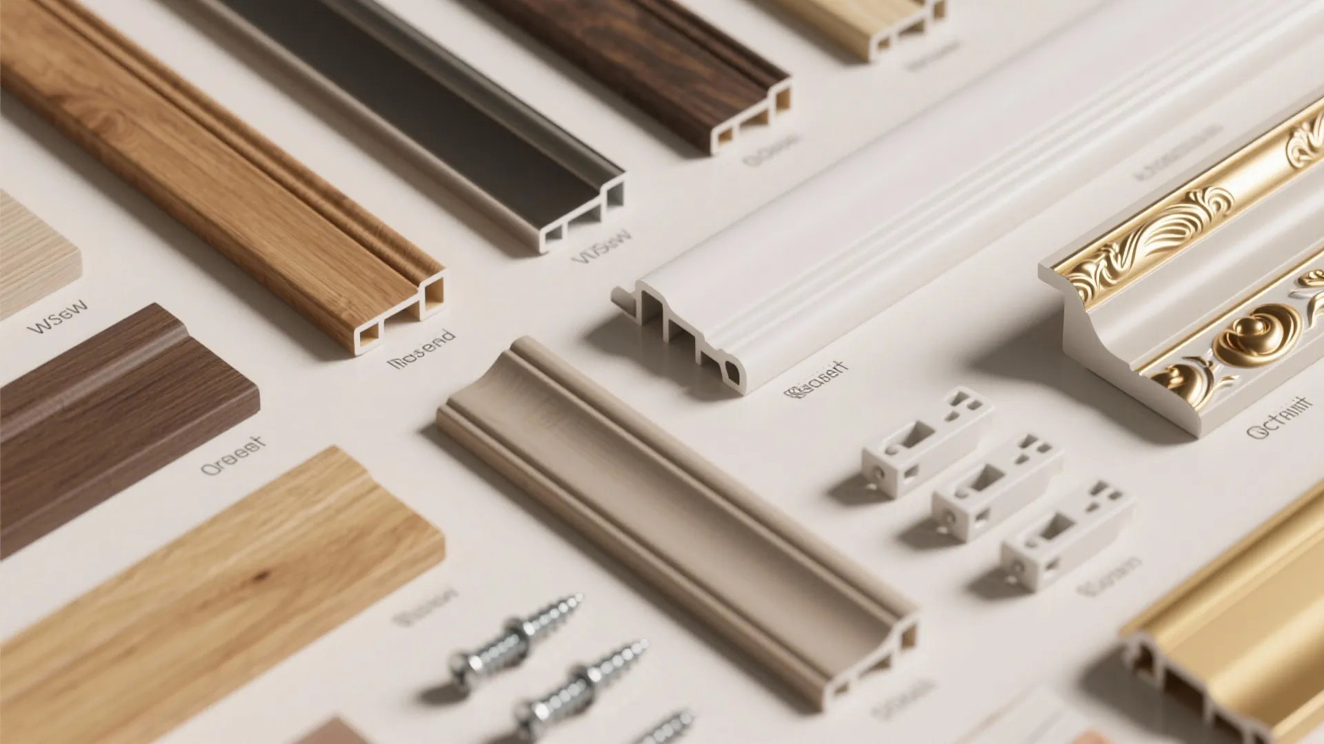 Various types of wall panel samples in wood white and gold colors for interior decoration