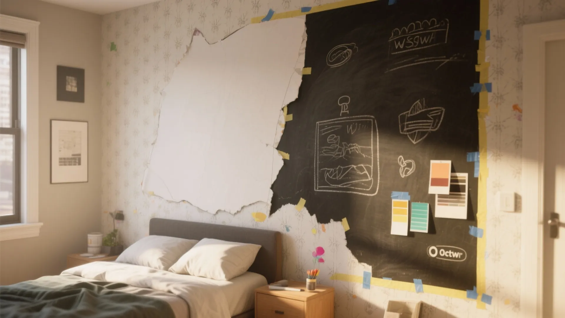 Bedroom with torn wallpaper mural showing a chalkboard wall used for home decor design planning
