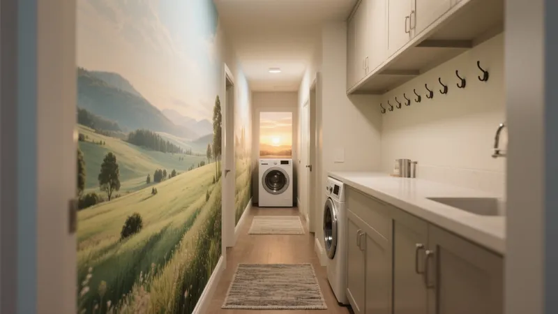 Serene Laundry Room with Scenic Wall Mural