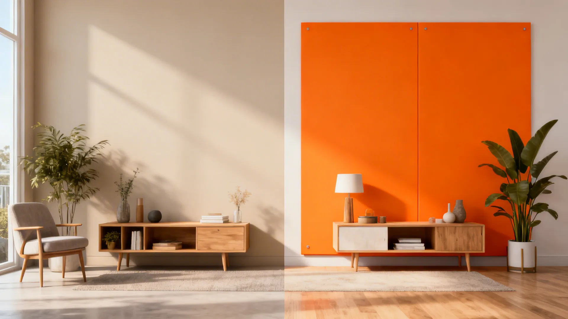 Before-and-after view showing a removable orange panel transforming a small living room