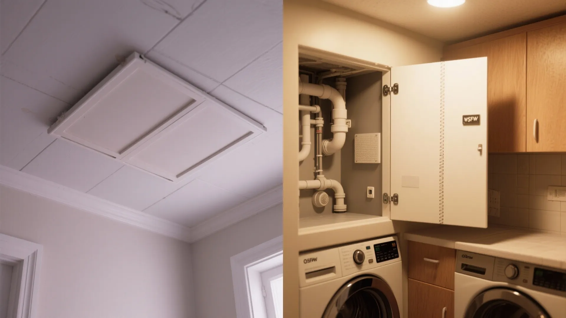 Before and after comparison of a closed ceiling panel versus an open wall access cabinet door