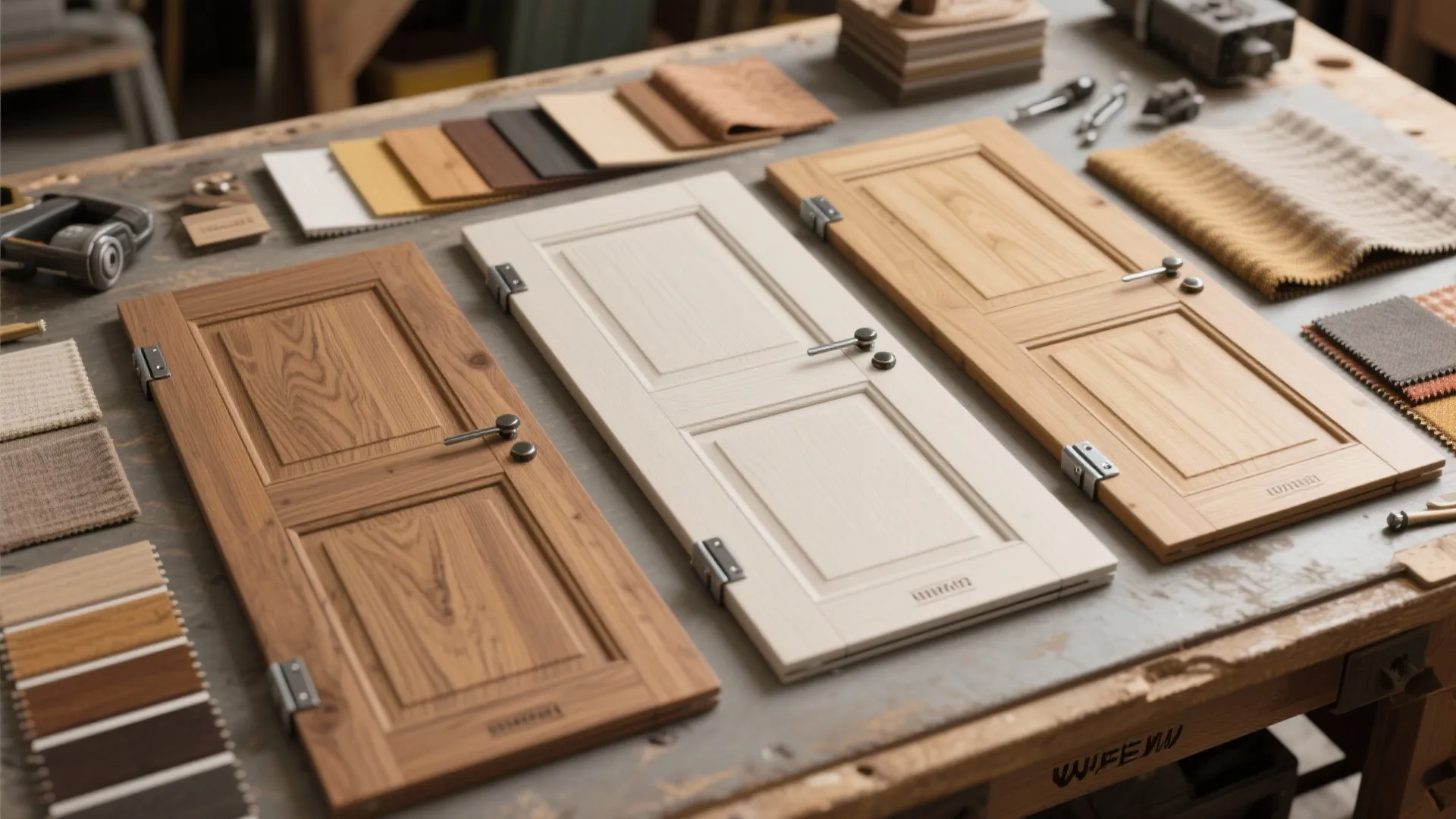 Three small wooden door samples in different colors placed on workbench with fabric and swatches
