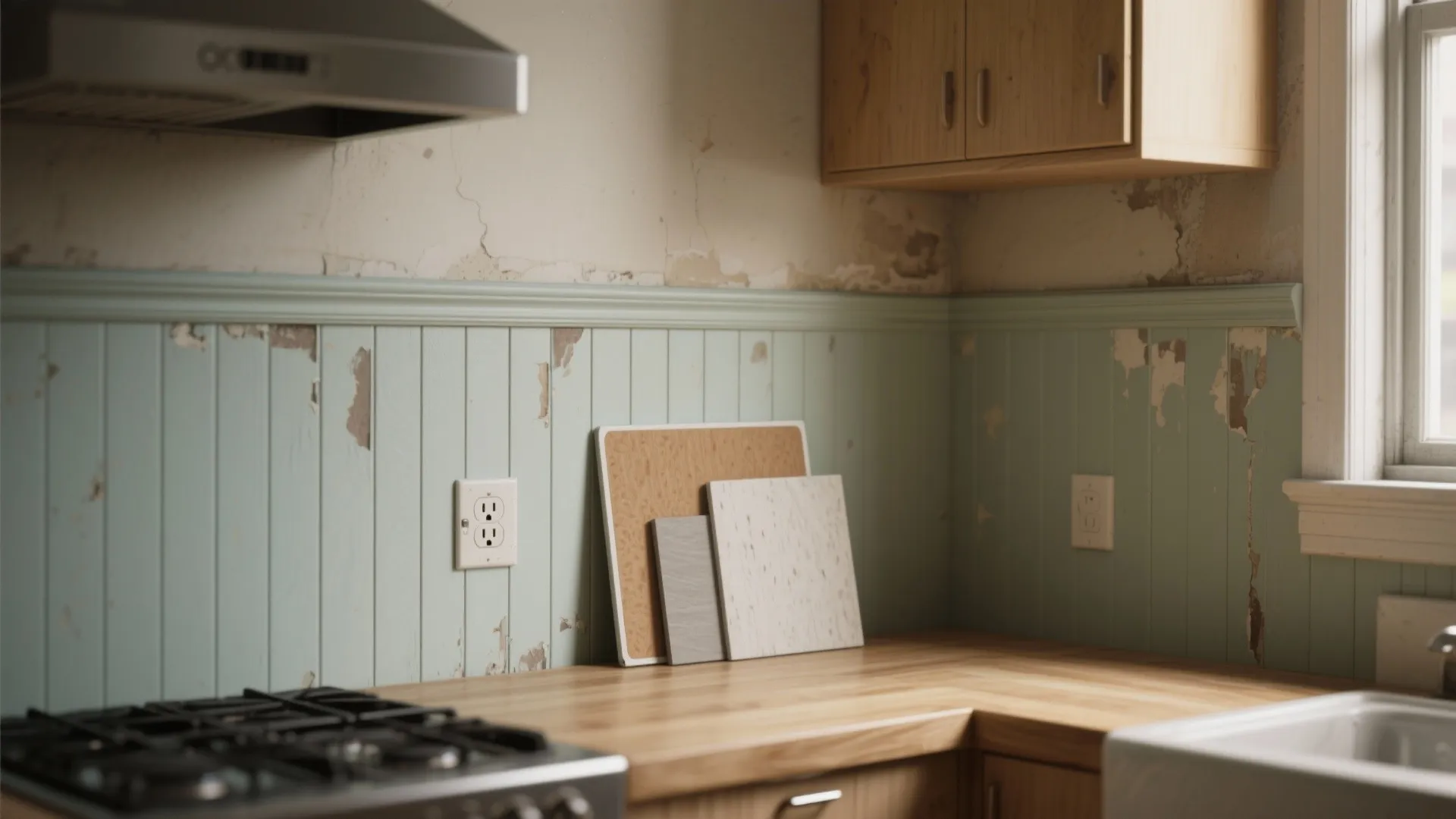 Kitchen corner with peeling paint on blue wall panel wooden countertop cabinet and small sample boards