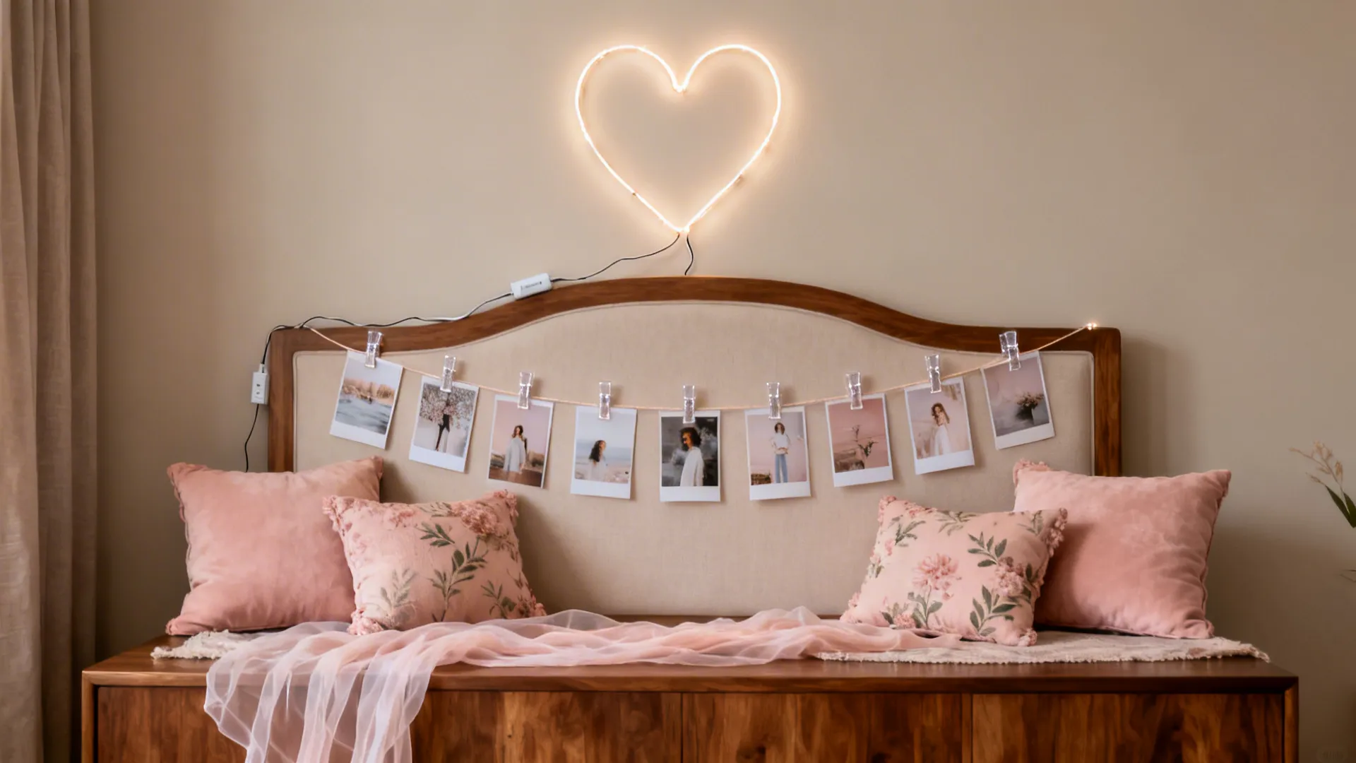 Renter-friendly bedroom with blush pillows, gauzy runner, photo grid, and LED heart outline.