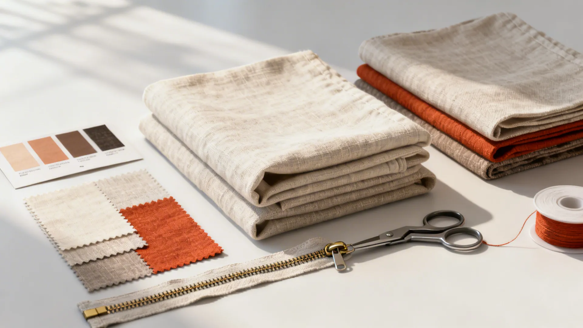 Flatlay of linen-cotton slipcovers and fabric swatches for removable dining chair covers.