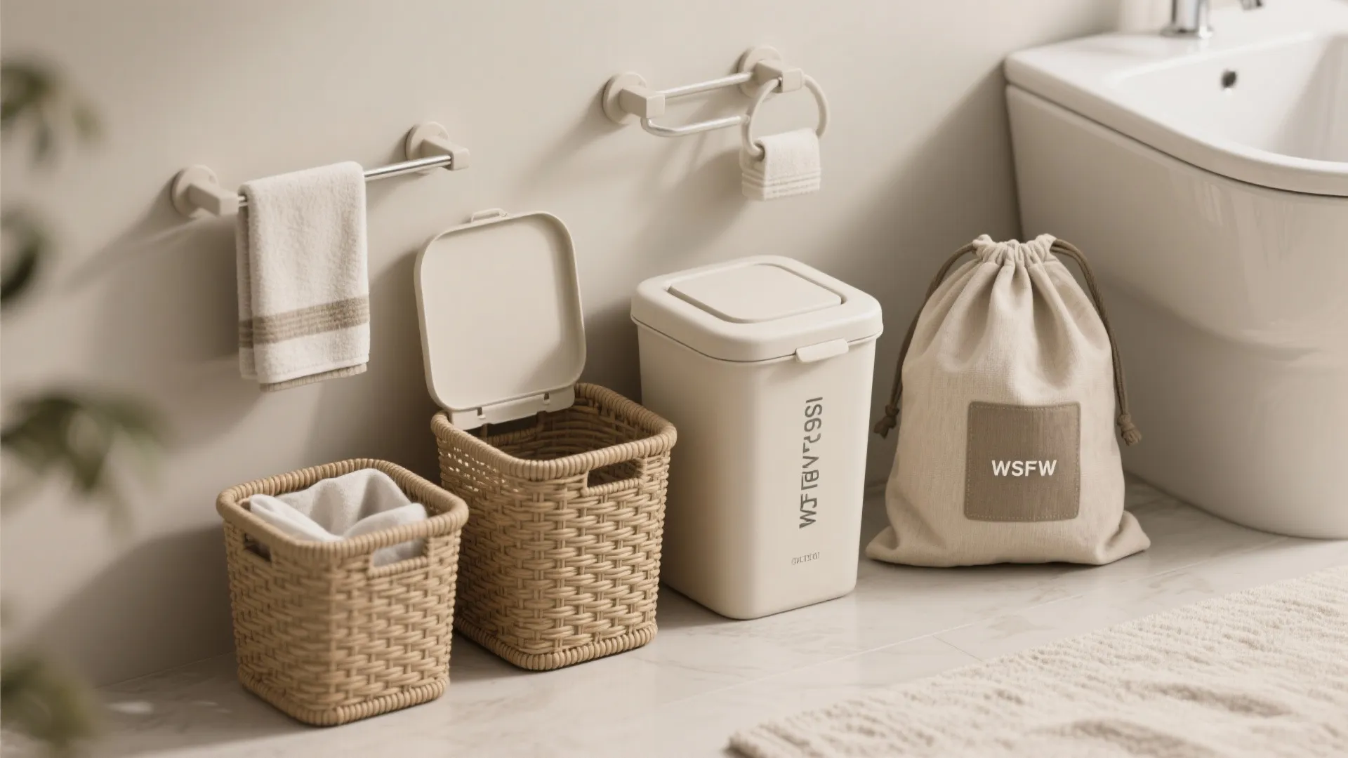 Flatlay of removable baskets, lift-off towel rack parts, and a sealed laundry bin for bathroom storage.