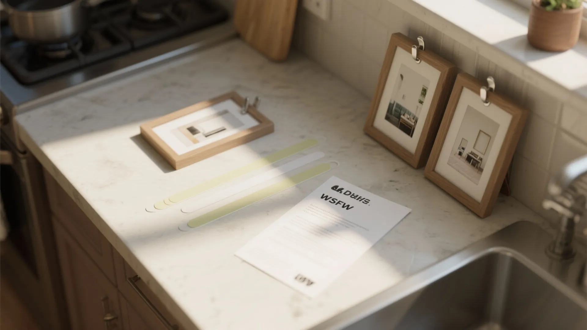 Kitchen counter with wooden picture frames adhesive strips and instruction paper near a metal sink