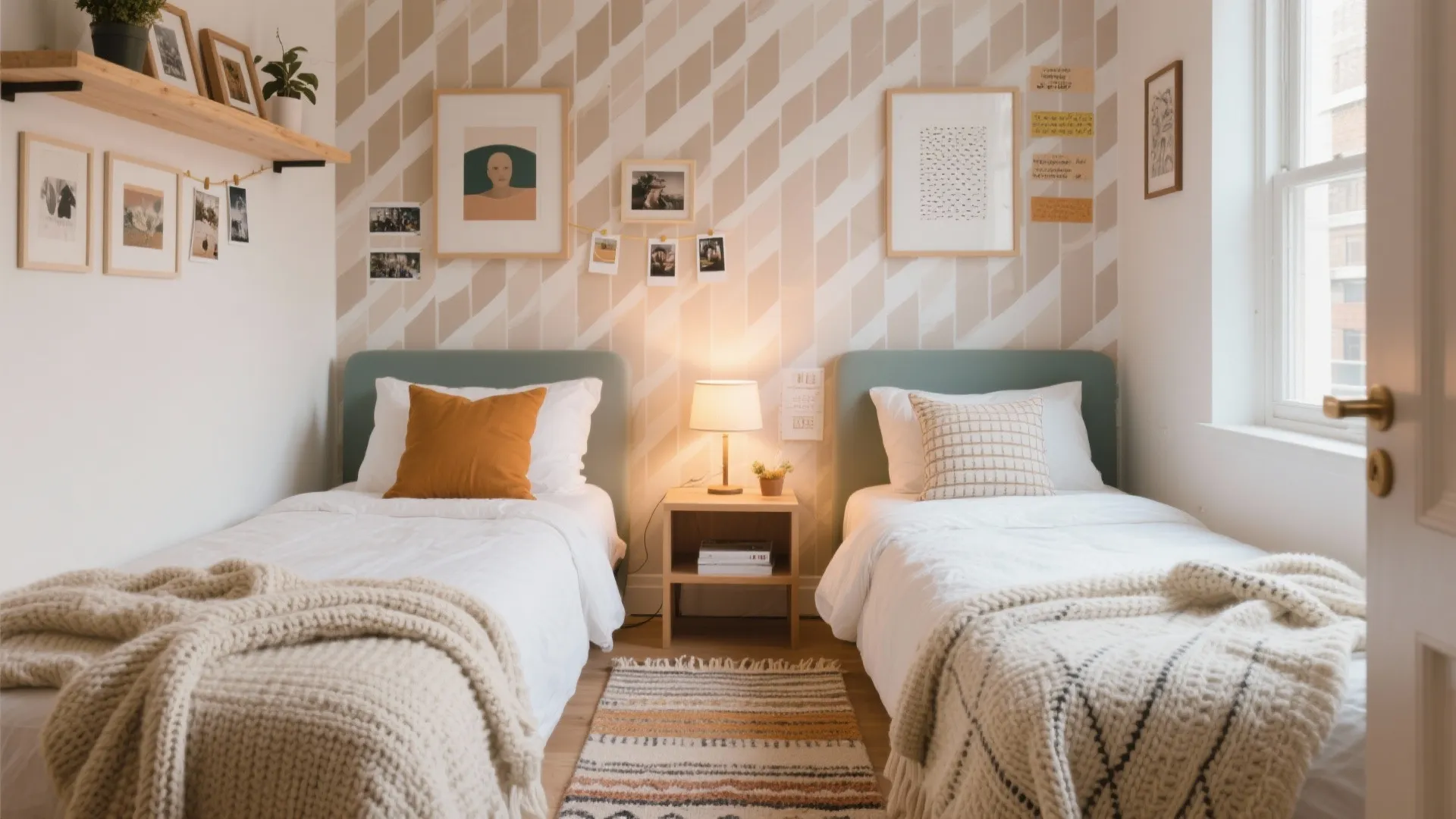 Cozy shared bedroom featuring two single beds, patterned wallpaper, wooden nightstand, table lamp, and art
