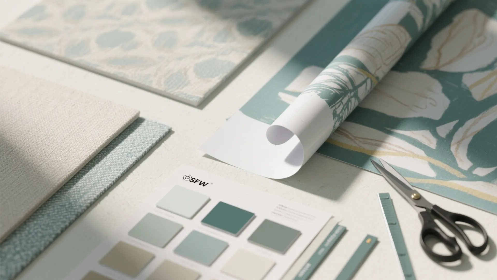 Fabric swatches wallpaper rolls color samples and scissors on a table for interior design projects