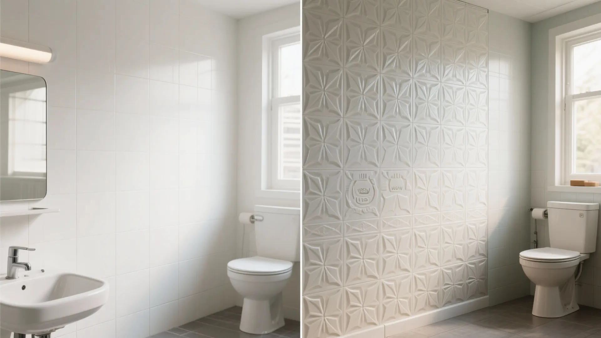 Before and after bathroom comparison showing plain white walls versus decorative textured white wall panels