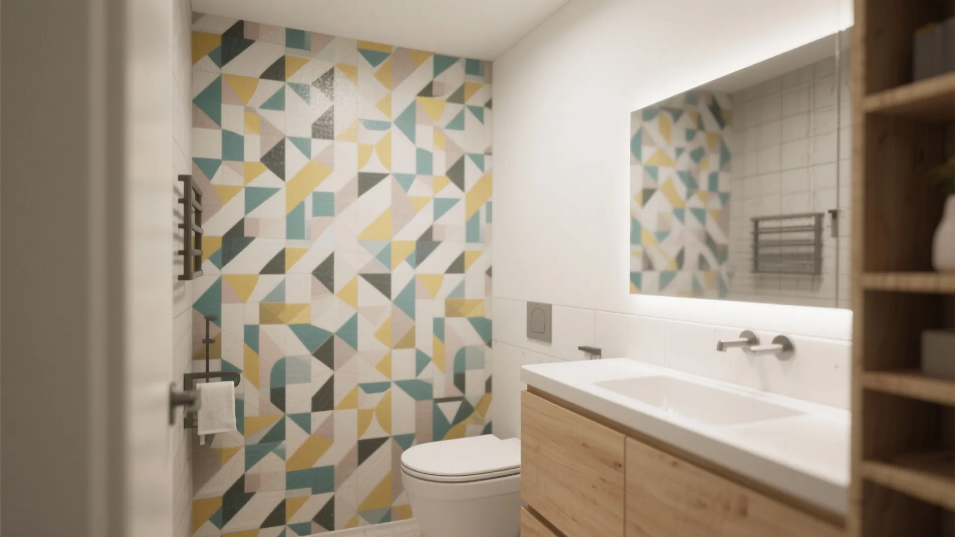 Modern bathroom with colorful geometric pattern wall paper white toilet and wooden cabinet with white sink