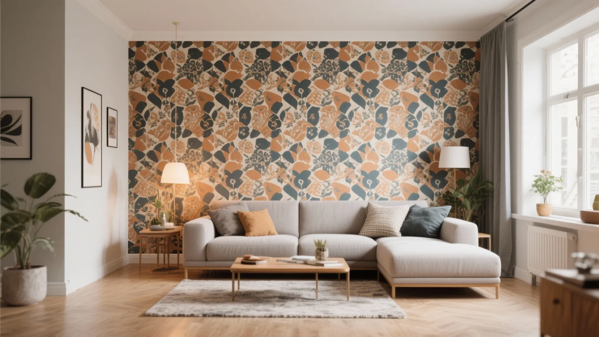 Living room with bold patterned removable wallpaper feature wall