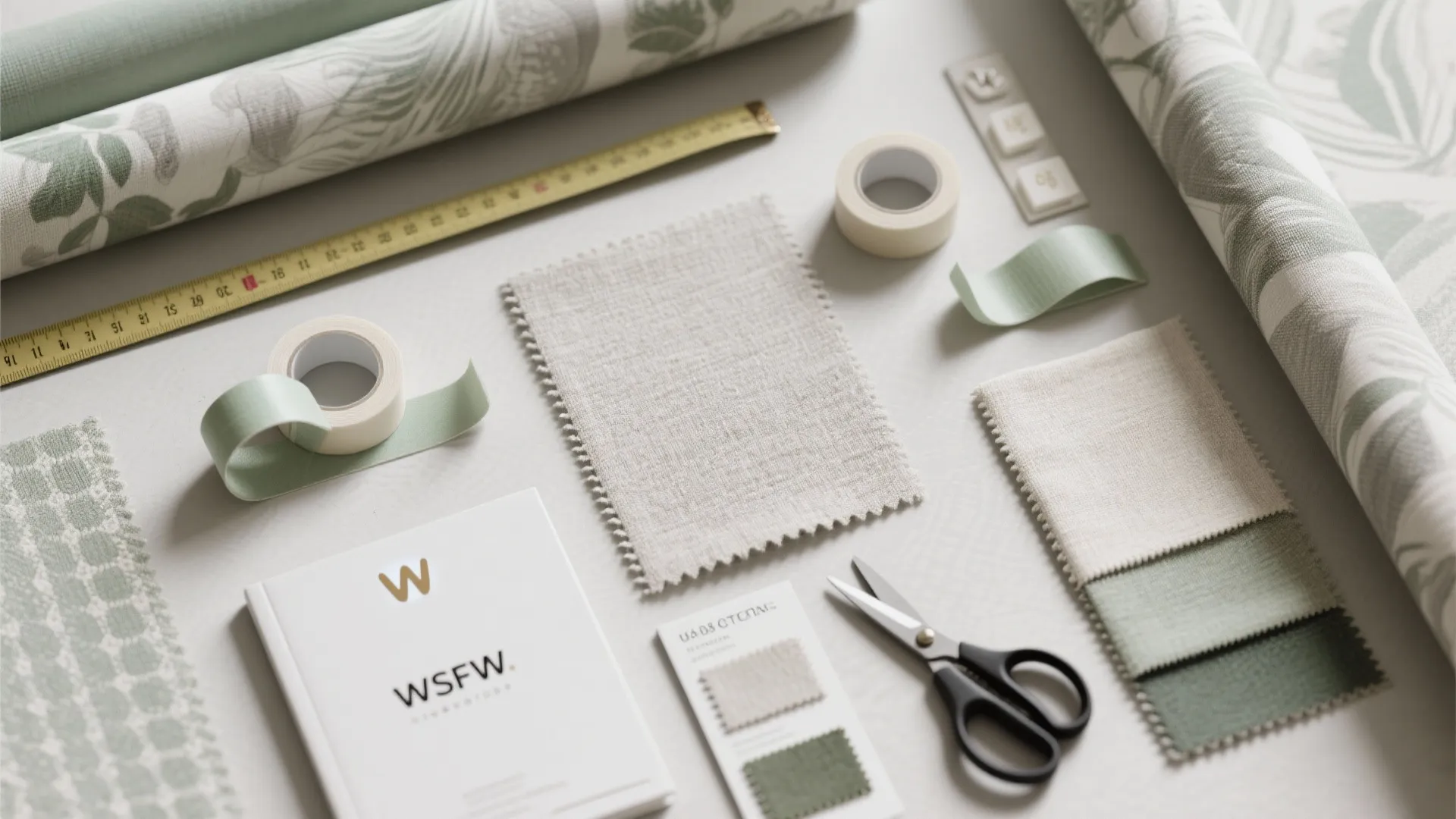 Interior design mood board with wallpaper rolls fabric samples measuring tape scissors and white notebook